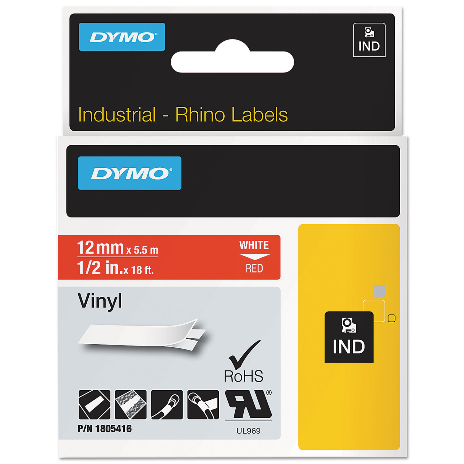  DYMO 1805416 Rhino Permanent Vinyl Industrial Label Tape, 0.5 x 18 ft, Red/White Print (DYM1805416) 