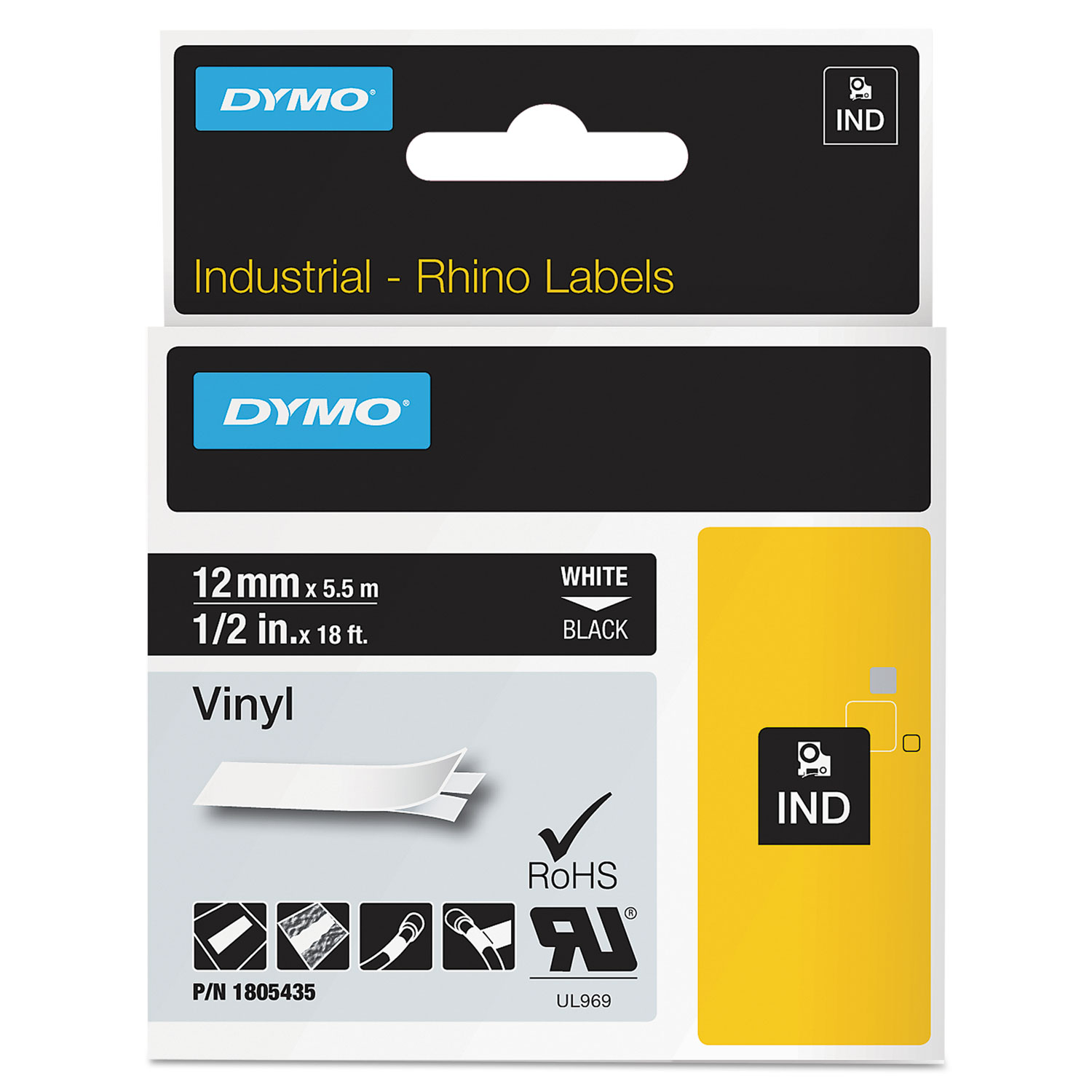 Rhino Permanent Vinyl Industrial Label Tape, 1/2 x 18 ft, Black/White Print
