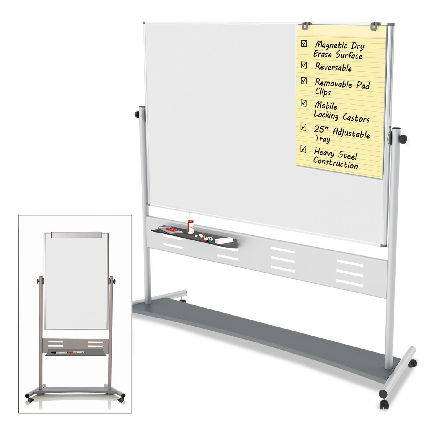  MasterVision QR5203 Magnetic Reversible Mobile Easel, 35 2/5w x 47 1/5h, 80h Easel, White/Silver (BVCQR5203) 