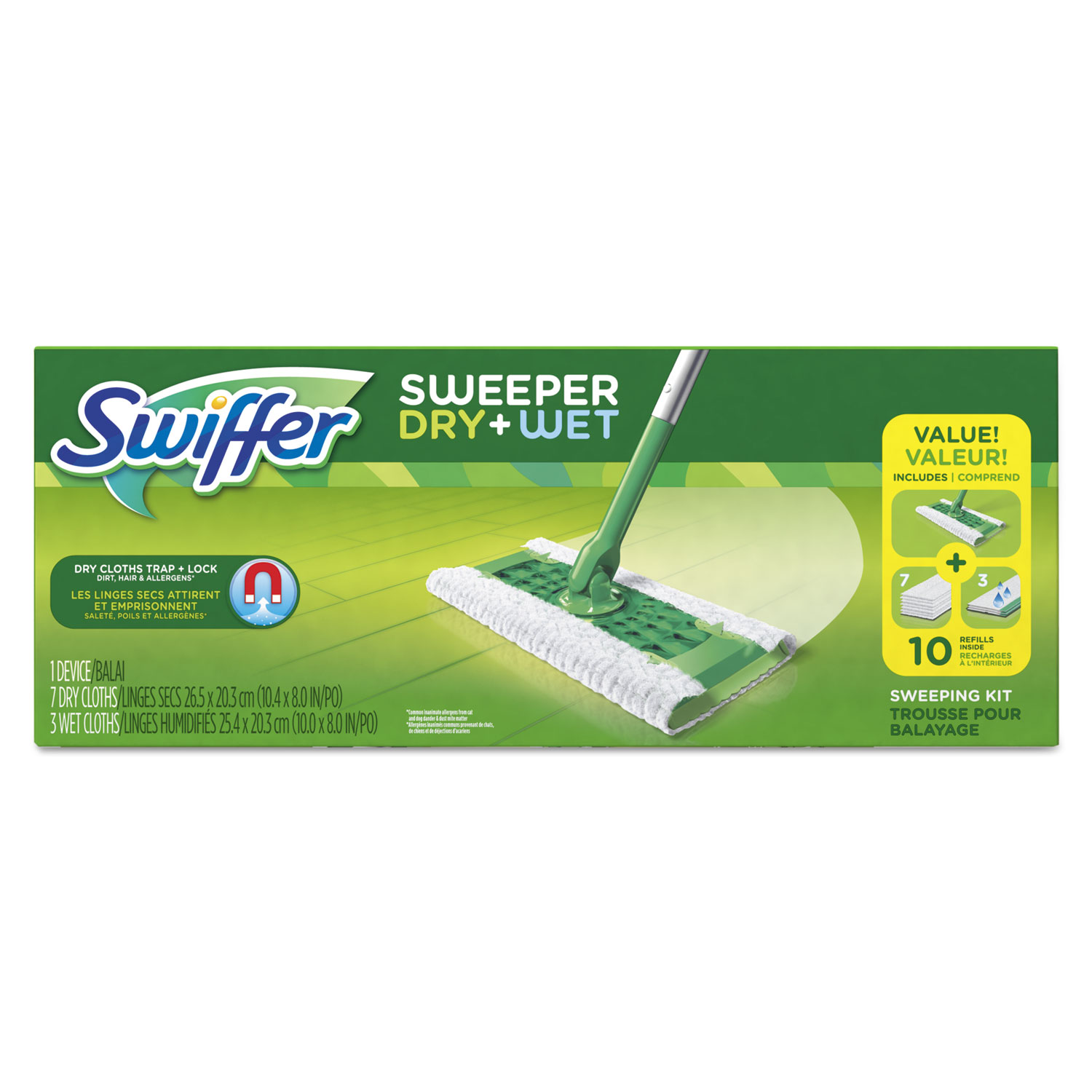  Swiffer 92815 Sweeper Dry + Wet Starter Kit, 46Handle, 10 x 8 Head, Silver/Green, 6/Carton (PGC92815CT) 