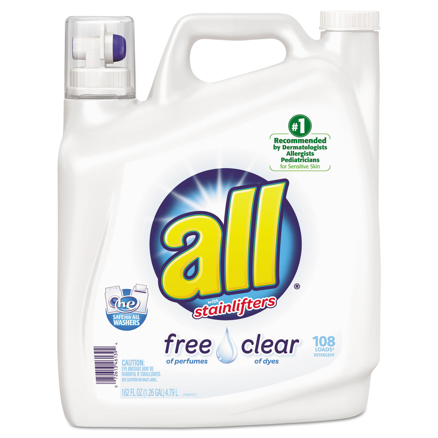 All Free Clear 2x Liquid Laundry Detergent, Unscented, 162 oz Bottle, 2/Carton