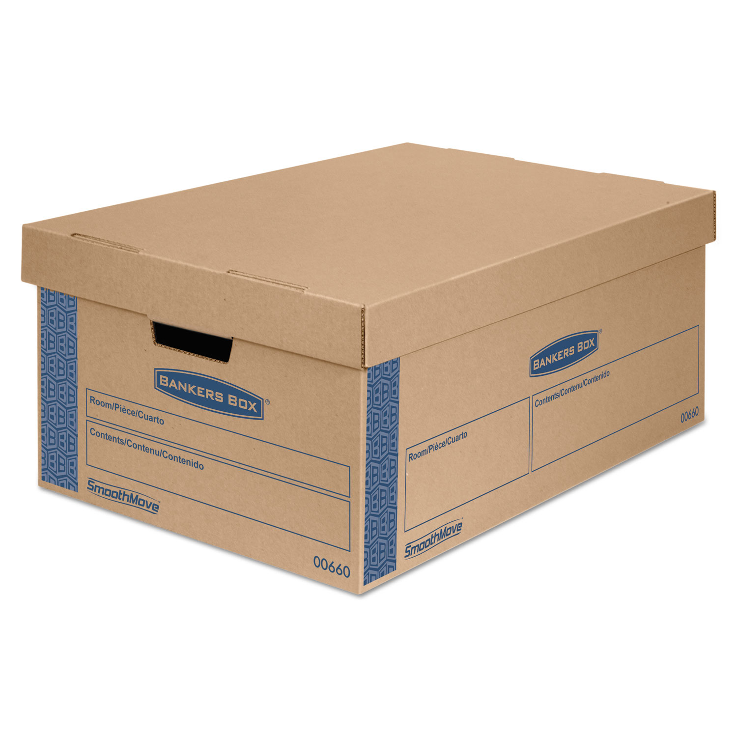 SmoothMove Prime Large Moving Boxes, Lift Lid, 24l x 15w x 10h, Kraft/Blue, 8/CT