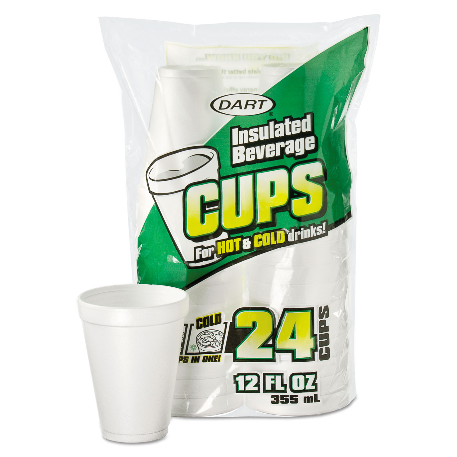 Small Foam Drink Cups, 12 oz, White, 24/Bag, 12 Bags/Carton