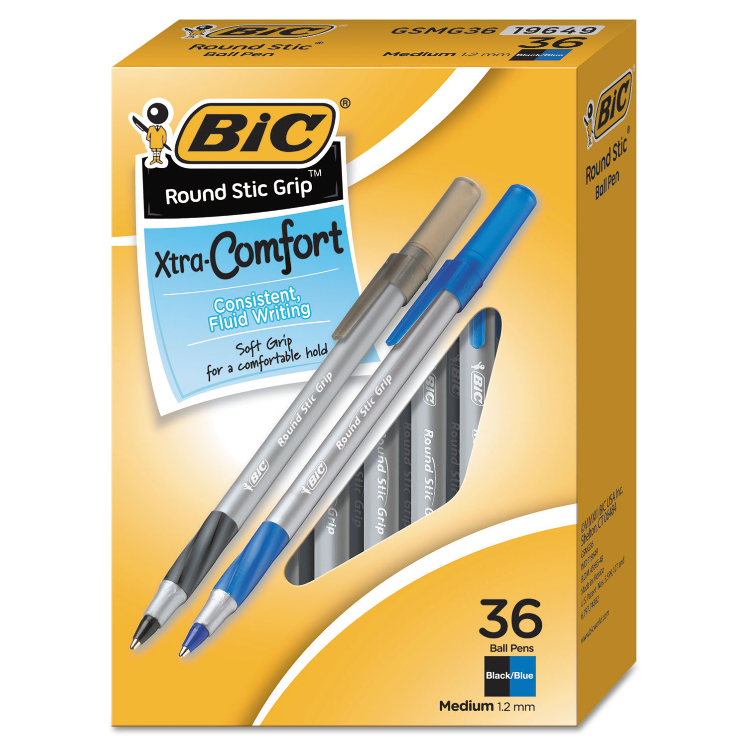  BIC GSMG361-AST Round Stic Grip Xtra Comfort Stick Ballpoint Pen, 1.2mm, Assorted Ink/Barrel, 36/Pack (BICGSMG361AST) 