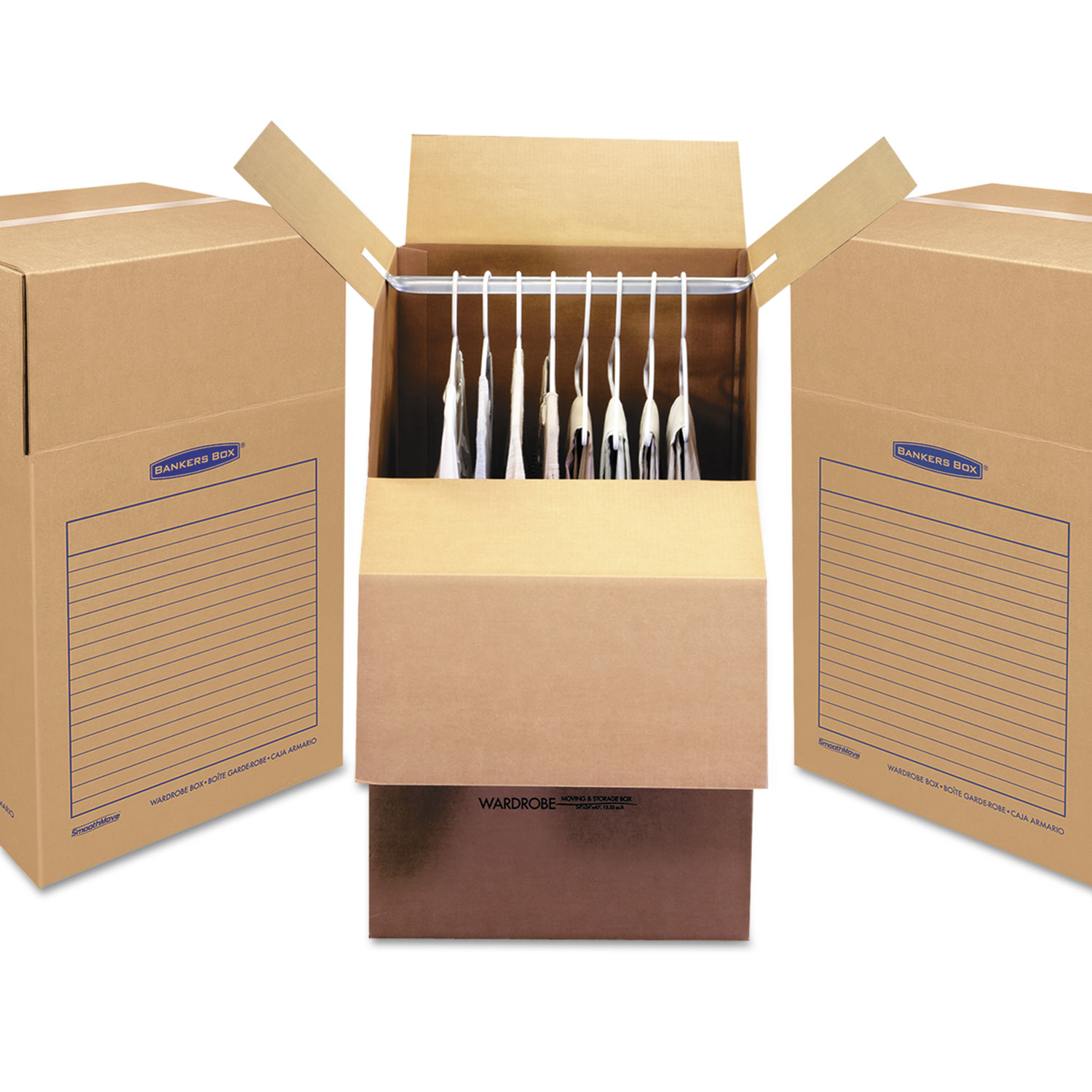 SmoothMove Wardrobe Box, Regular Slotted Container (RSC), 24" x 24" x 40", Brown Kraft/Blue, 3/Carton