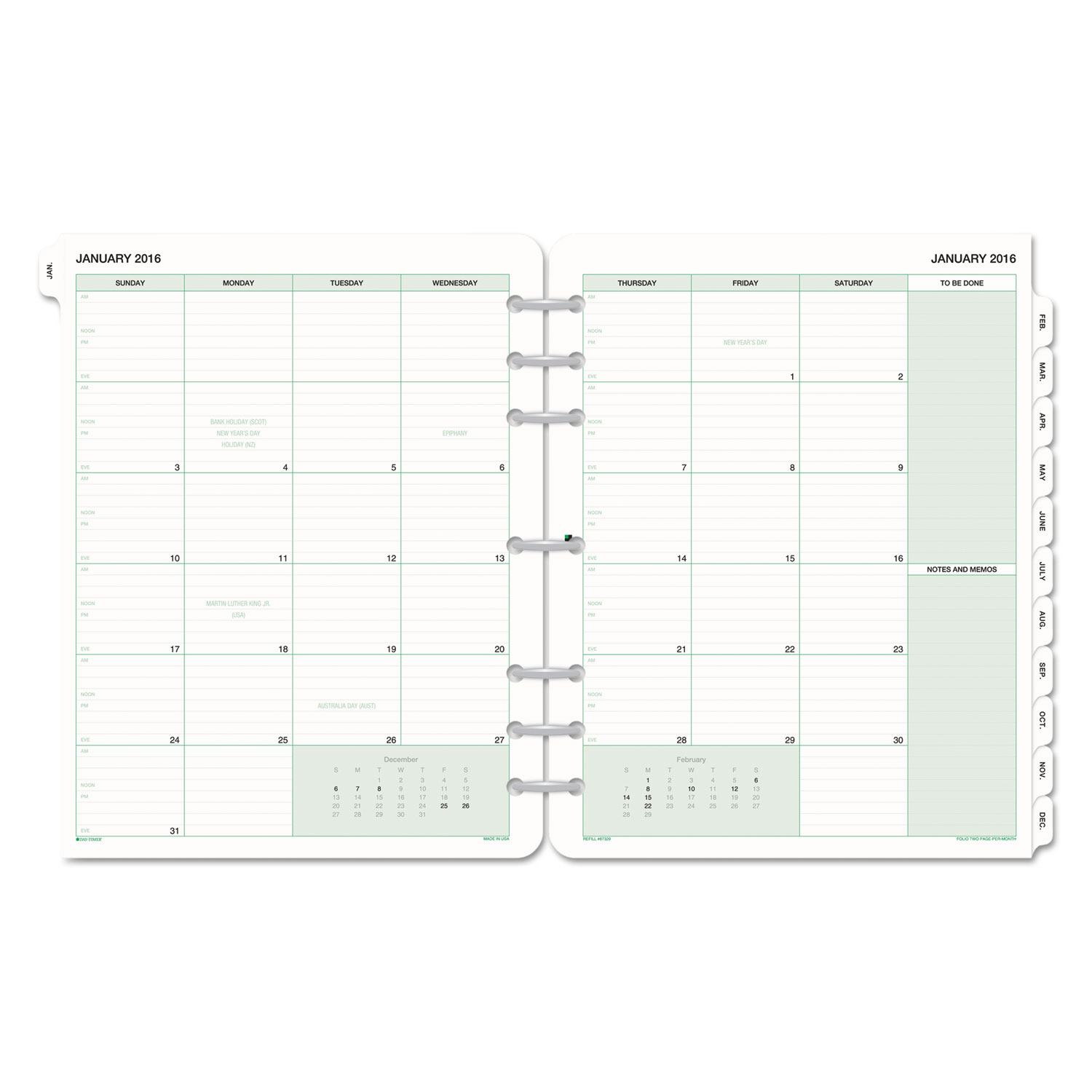 Monthly Classic Refill, 8 1/2 x 11, White/Green, 2018