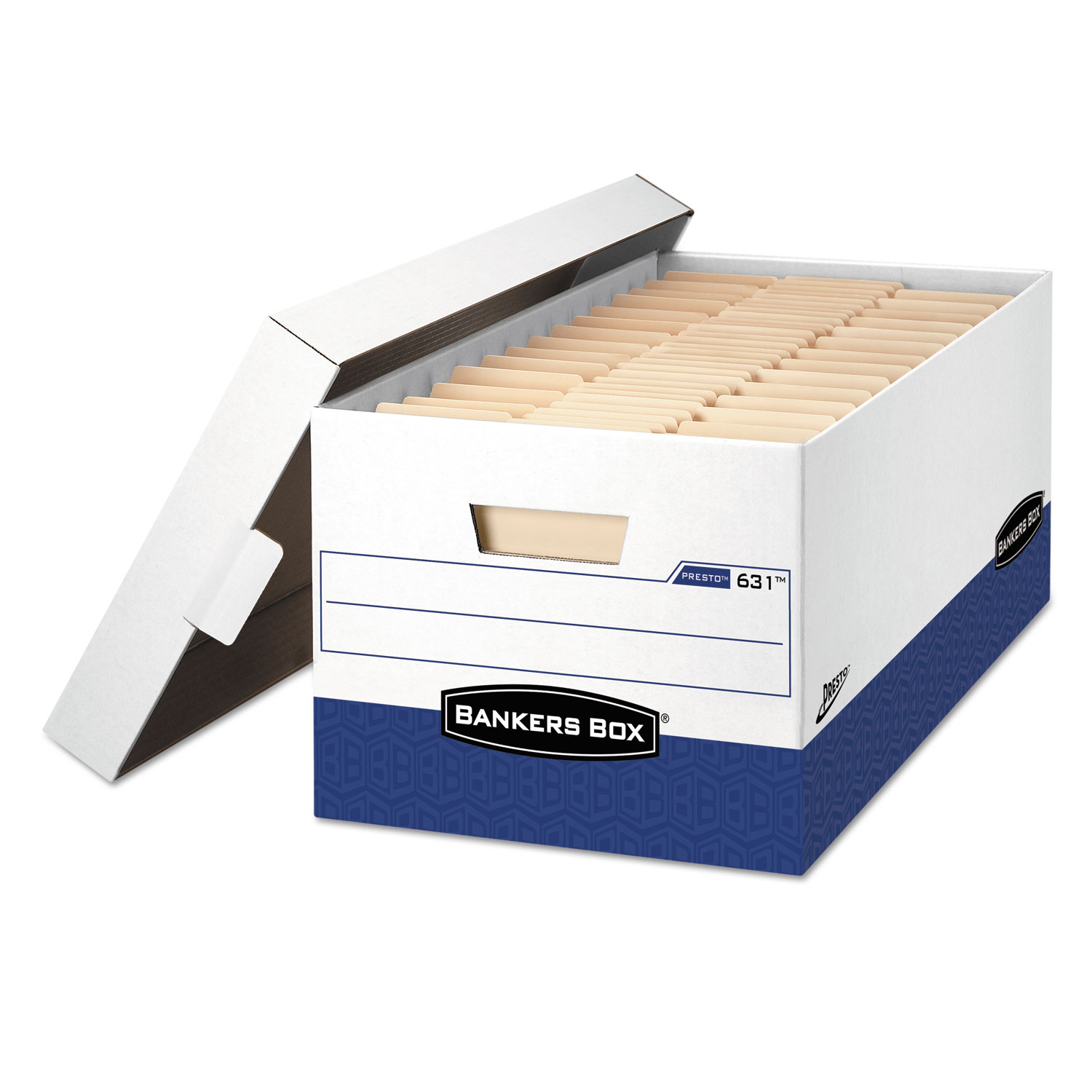 PRESTO Heavy-Duty Storage Boxes, Letter Files, 13" x 16.5" x 10.38", White/Blue, 12/Carton
