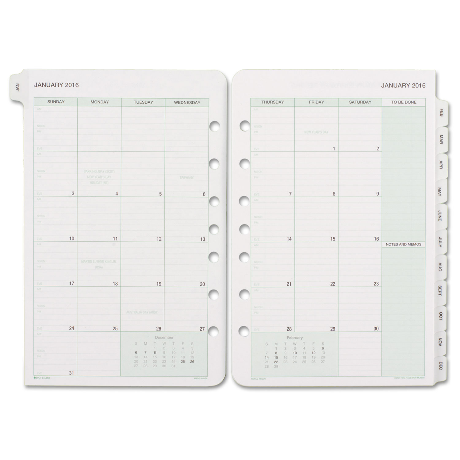Monthly Classic Refill, 5 1/2 x 8 1/2, White/Green, 2018