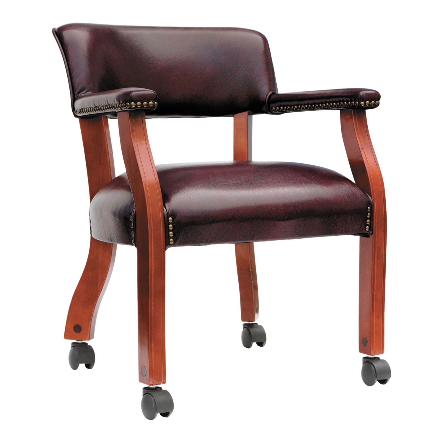 Alera Traditional Series Guest Arm Chair w/Casters, Mahogany/Oxblood Vinyl