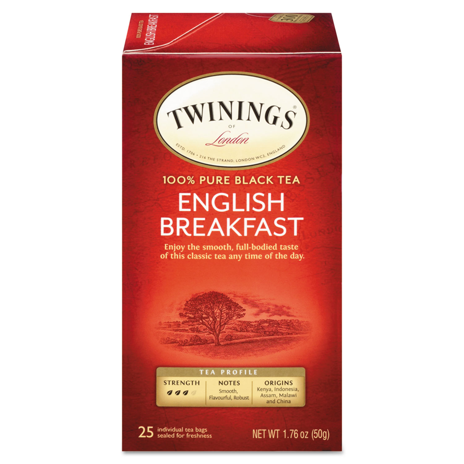  TWININGS TNA51726 Tea Bags, English Breakfast, 1.76 oz, 25/Box (TWG09181) 