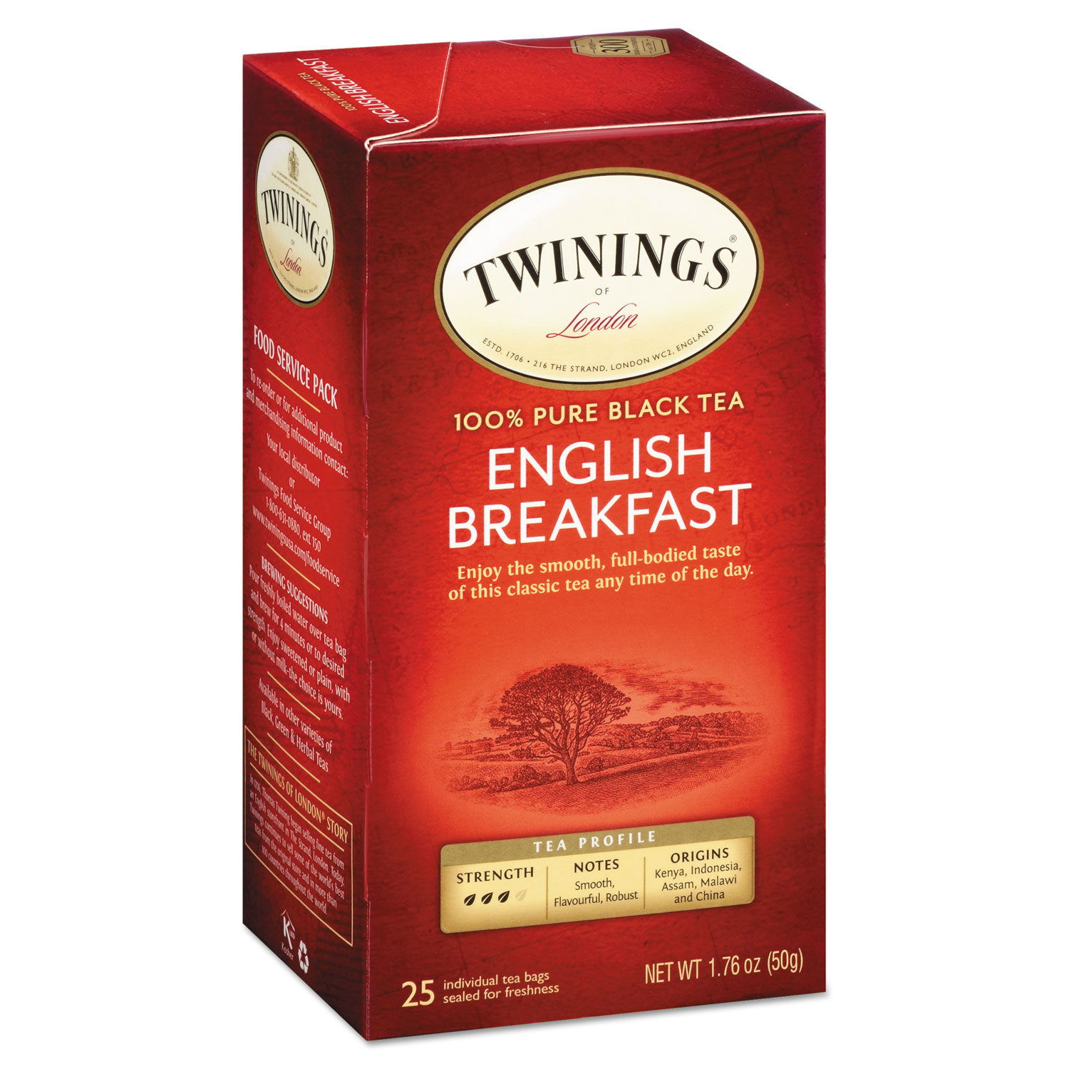 Tea Bags, English Breakfast, 1.76 oz, 25/Box