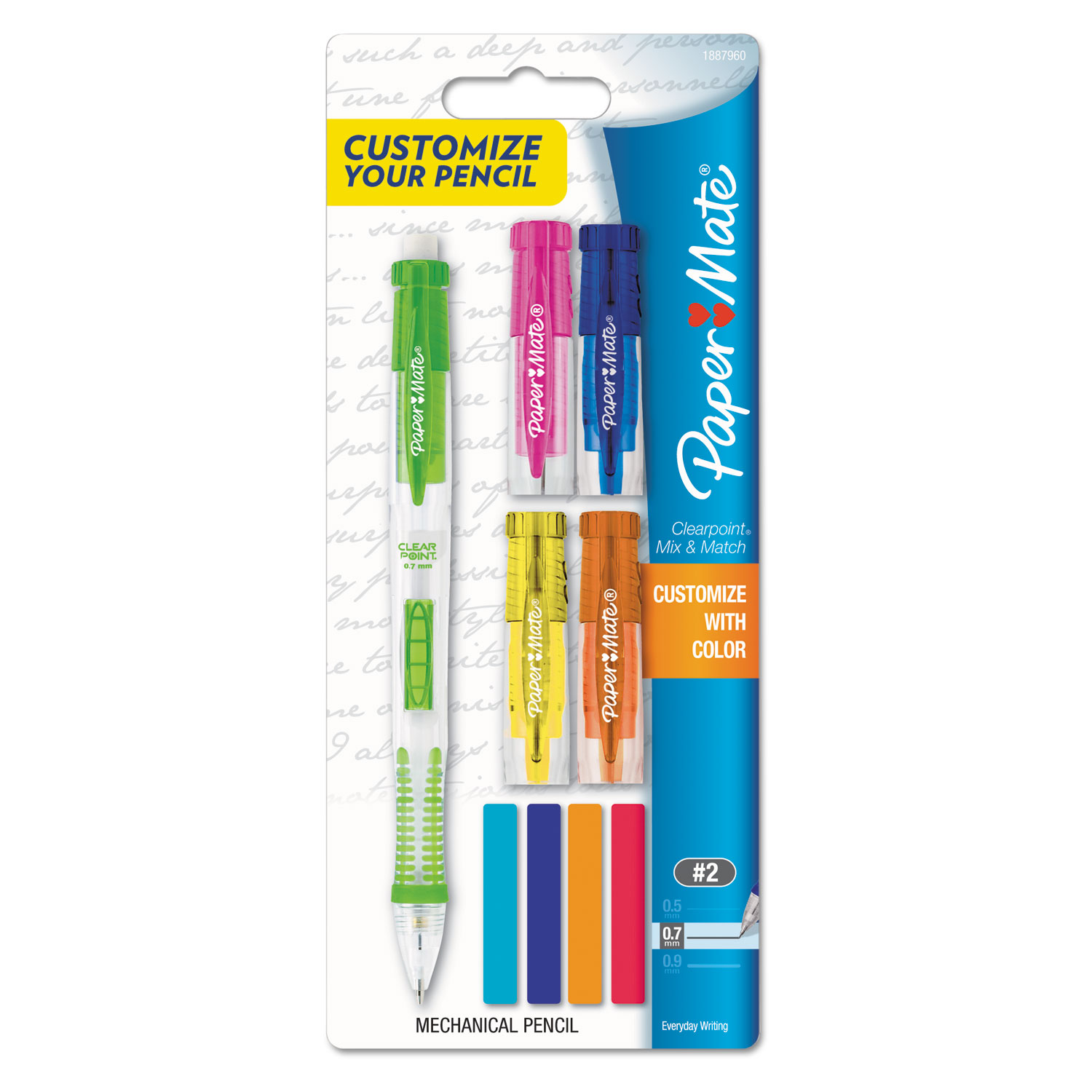 Paper Mate 1887960 Clearpoint Mix and Match Mechanical Pencil, 0.7 mm, HB (#2.5), Black Lead, Clear Barrels, Green Accents/Assorted Tops (PAP1887960) 
