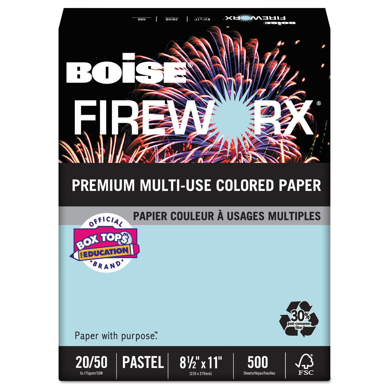  Boise MP2201-BE FIREWORX Premium Multi-Use Paper, 20lb, 8.5 x 11, Bottle Rocket Blue, 500/Ream (CASMP2201BE) 
