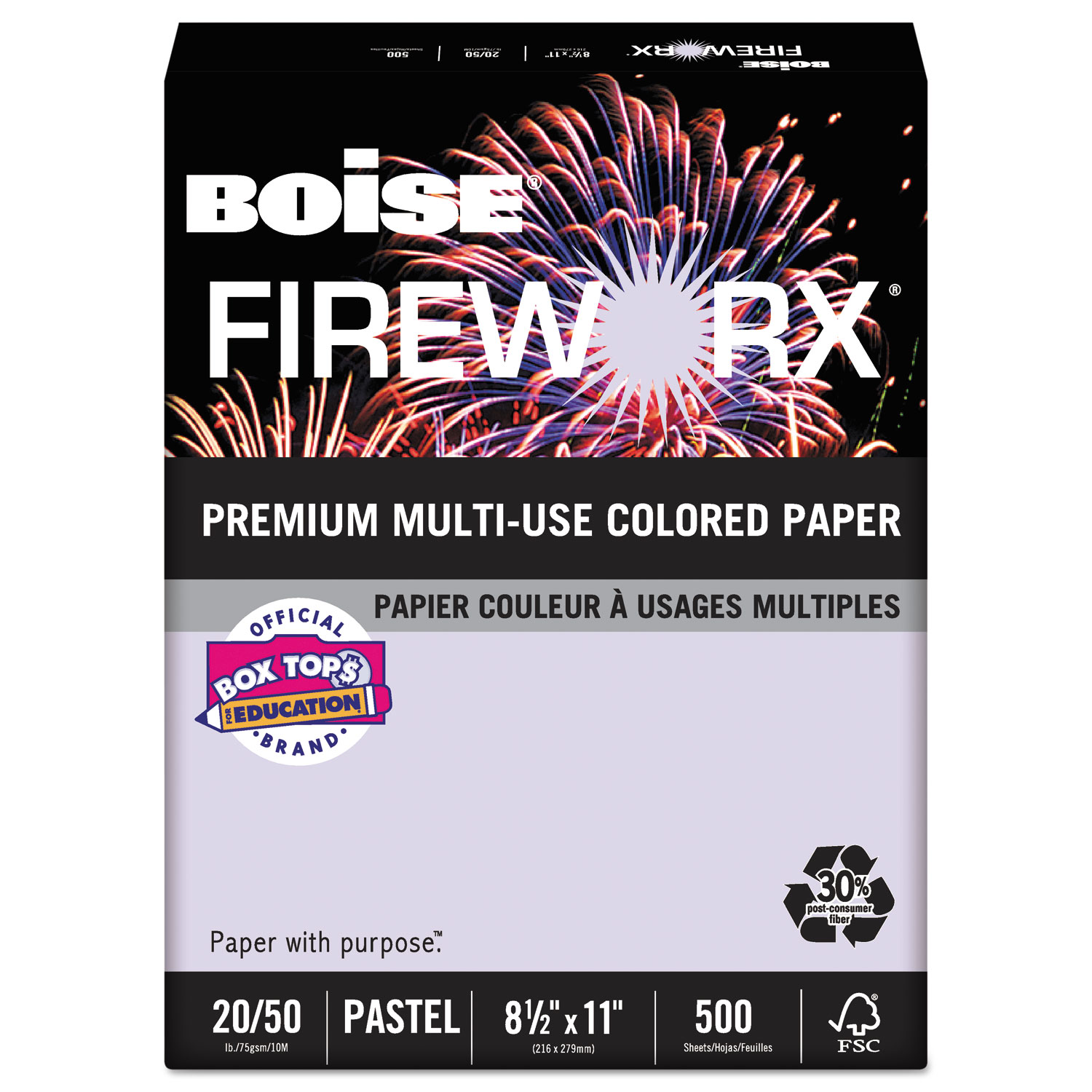  Boise MP2201-LV FIREWORX Premium Multi-Use Paper, 20lb, 8.5 x 11, Luminous Lavender, 500/Ream (CASMP2201LV) 