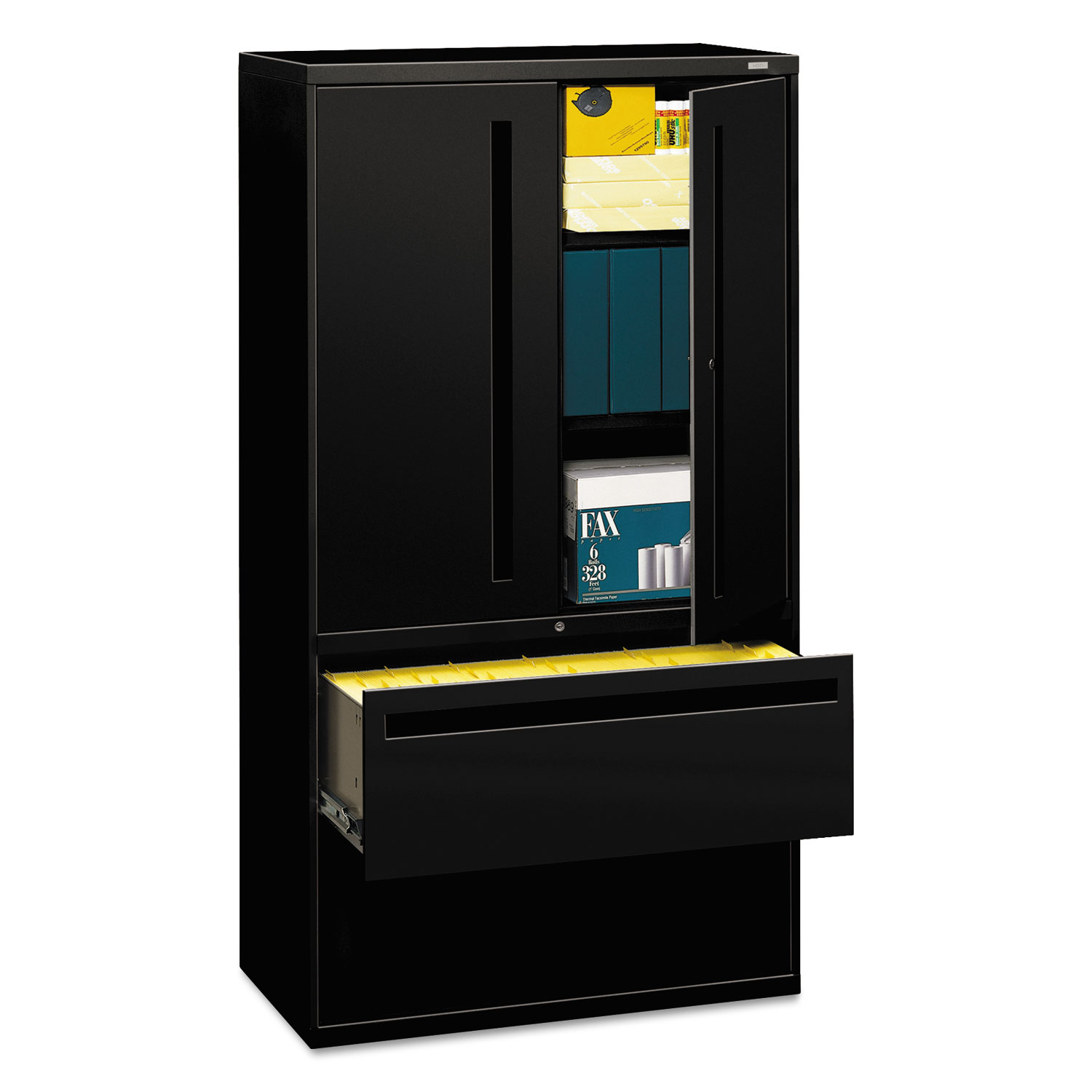 700 Series Lateral File w/Storage Cabinet, 36w x 19-1/4d, Black