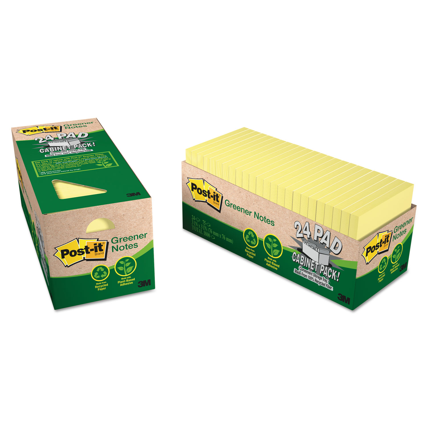  Post-it Greener Notes 654R-24CP-CY Recycled Note Pad Cabinet Pack, 3 x 3, Canary Yellow, 75-Sheet, 24/Pack (MMM654R24CPCY) 