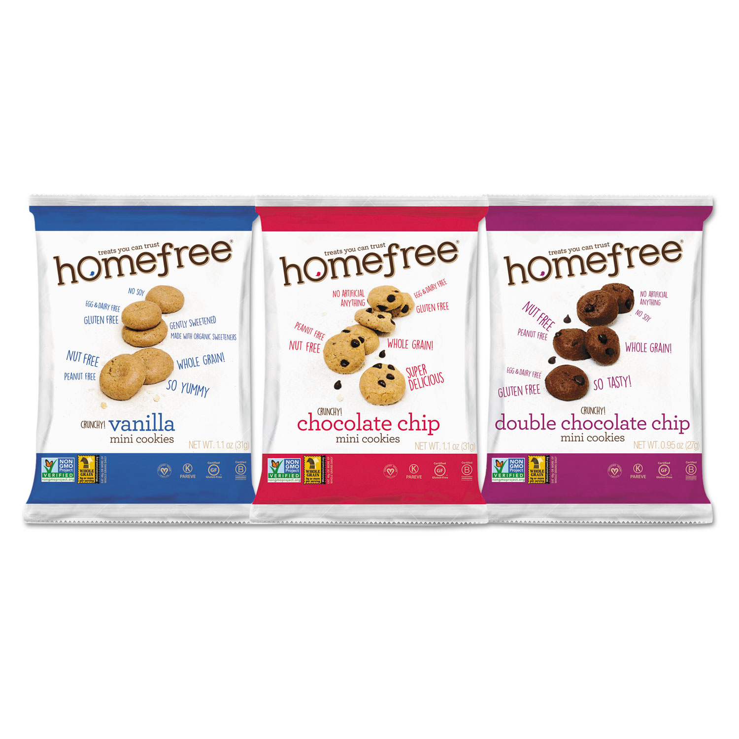  Homefree LGFMMIXED30 Gluten Free Mini Cookies Variety Pack, 1.1 oz/0.95 oz/1.1 oz Packs, 30/Carton (HMF01305) 