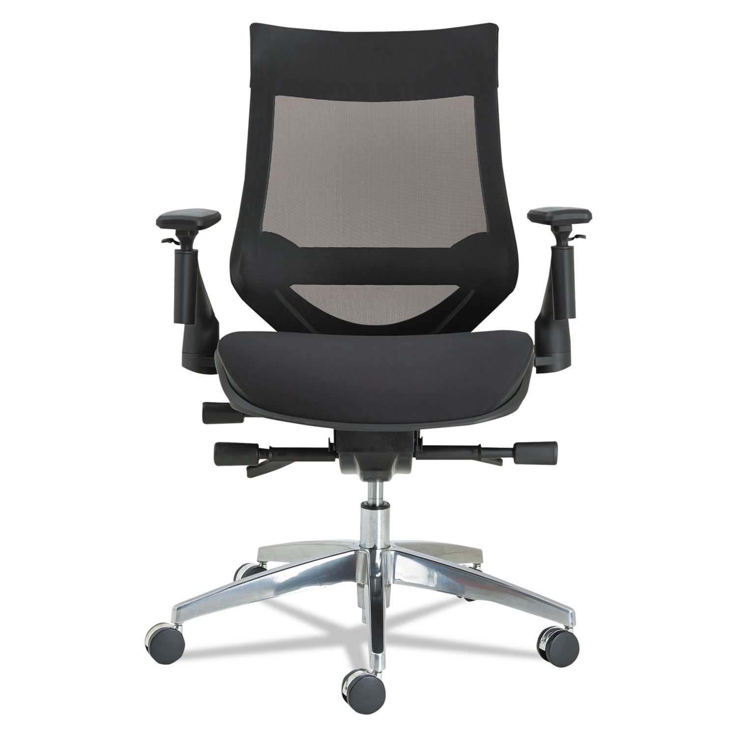 Alera EB-W Series Pivot Arm Multifunction Mesh Chair, Supports up to 275 lbs., Black Seat/Black Back, Aluminum Base