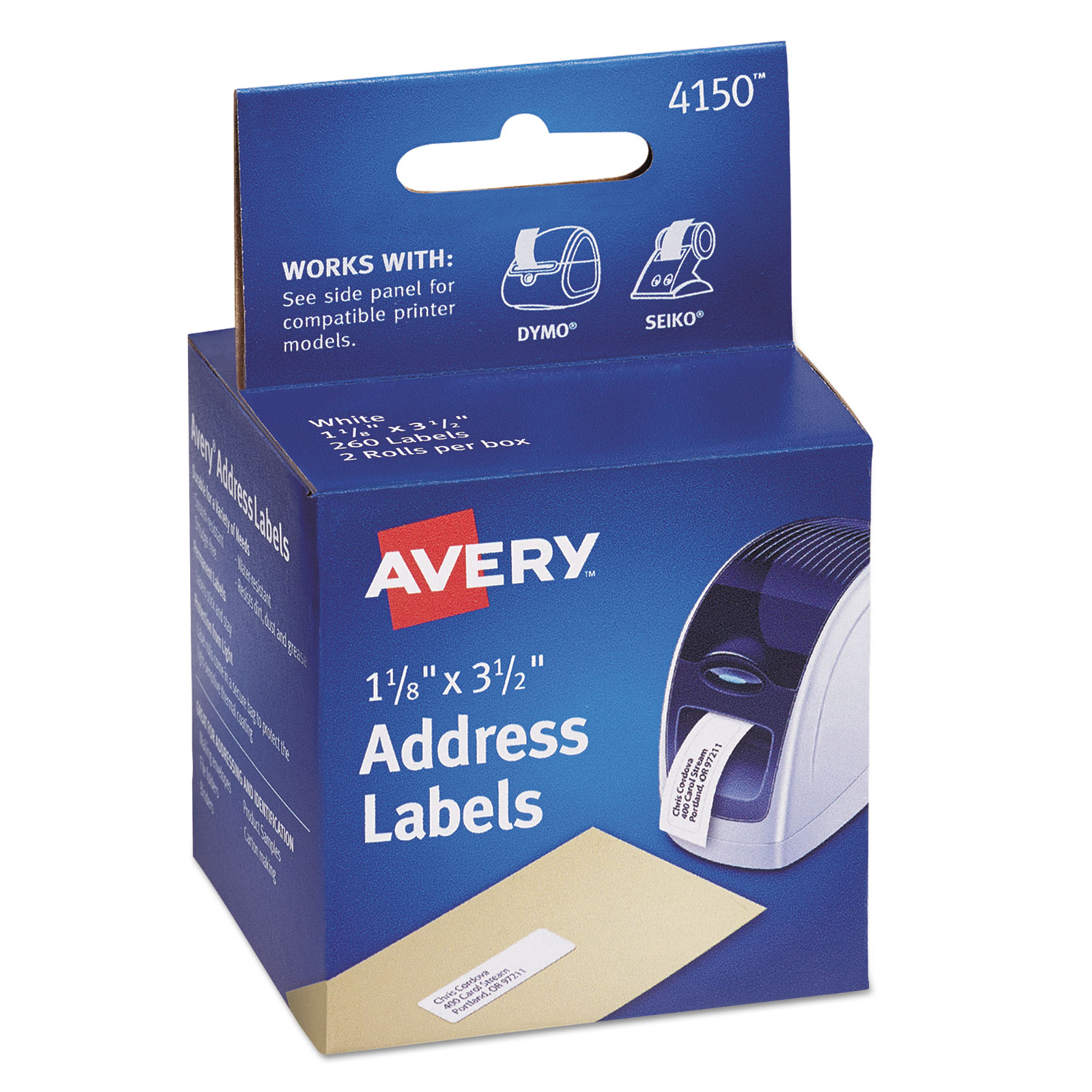  Avery 04150 Thermal Printer Labels, Thermal Printers, 1.13 x 3.5, White, 130/Roll, 2 Rolls/Pack (AVE4150) 