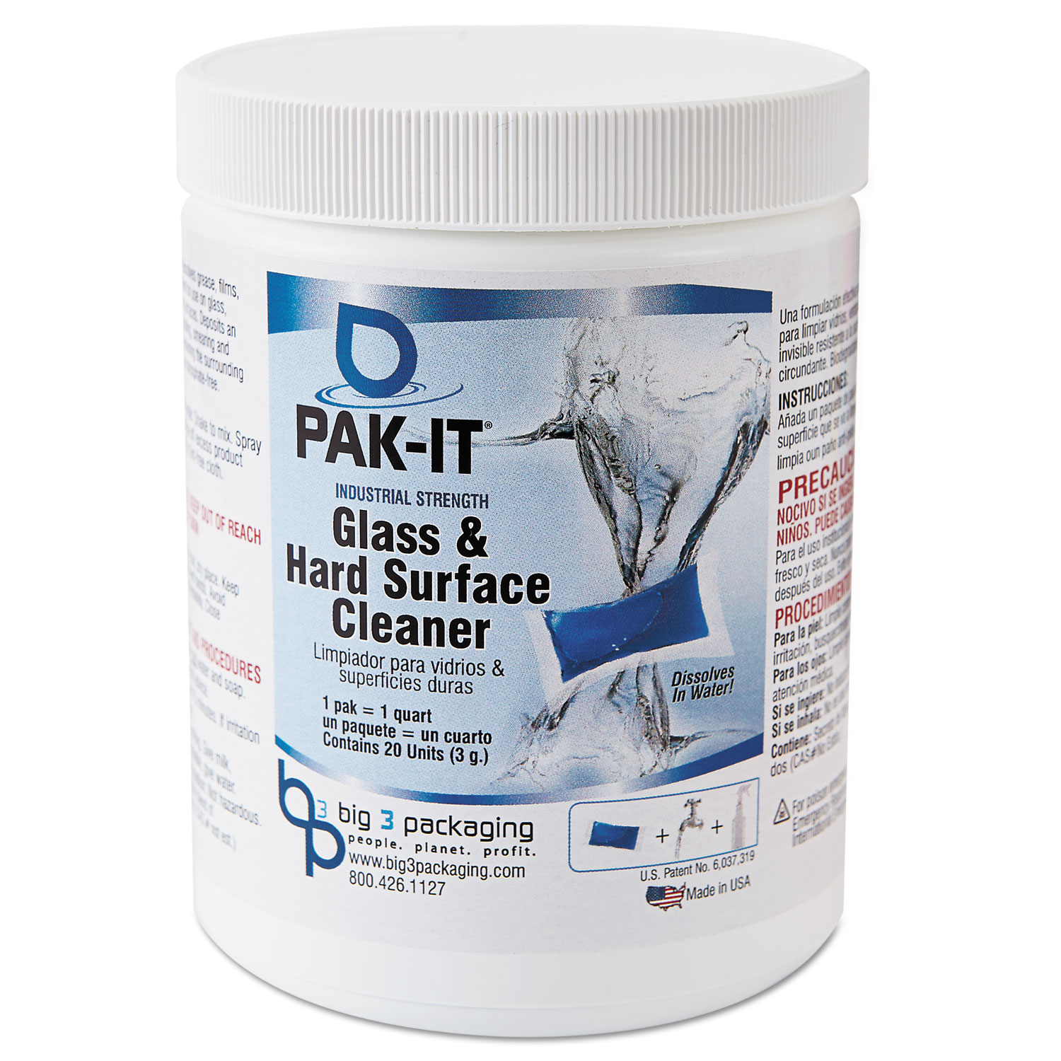  PAK-IT BIG 5551202240CT Glass and Hard-Surface Cleaner, Pleasant Scent, 20 PAK-ITs/Jar, 12 Jars/Carton (BIG5551202240CT) 
