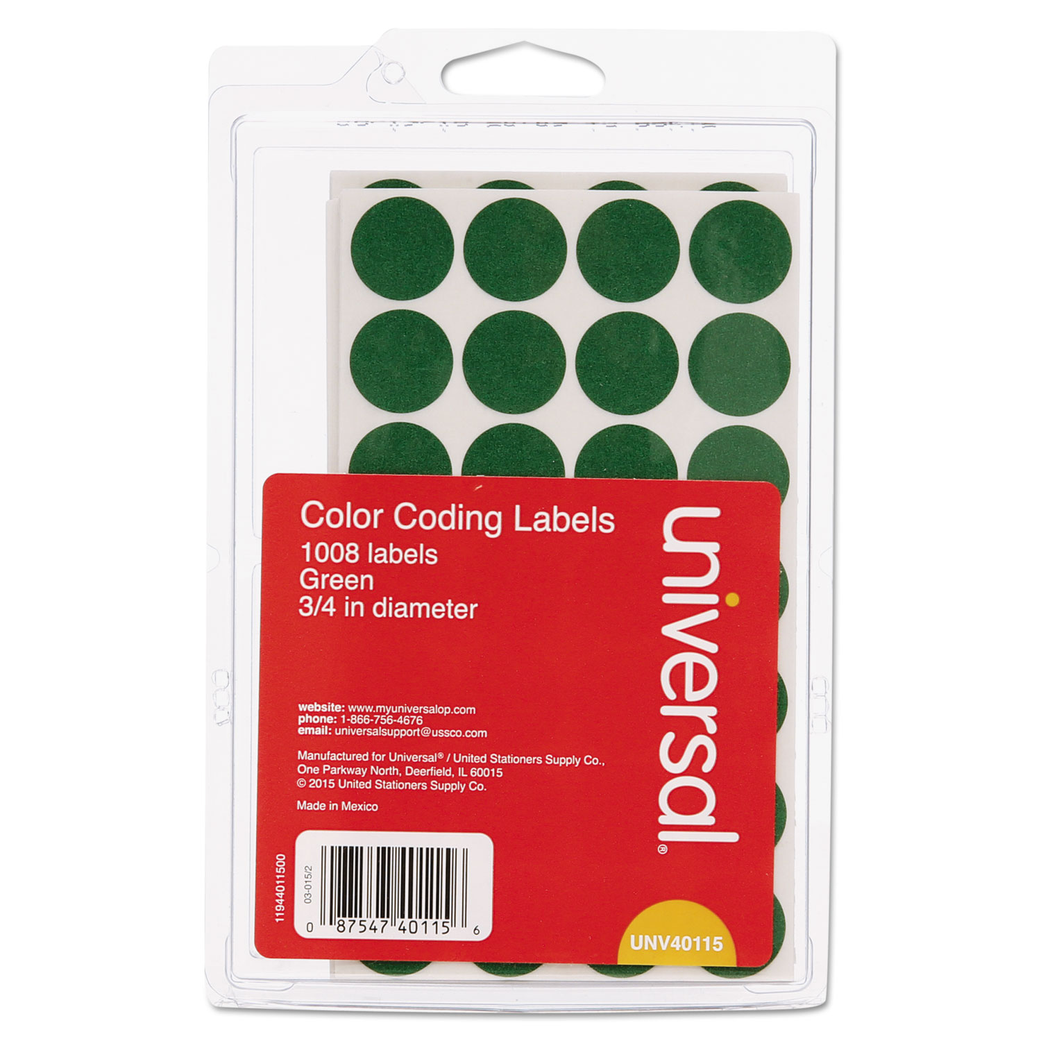  Universal UNV40115 Self-Adhesive Removable Color-Coding Labels, 0.75 dia., Green, 28/Sheet, 36 Sheets/Pack (UNV40115) 