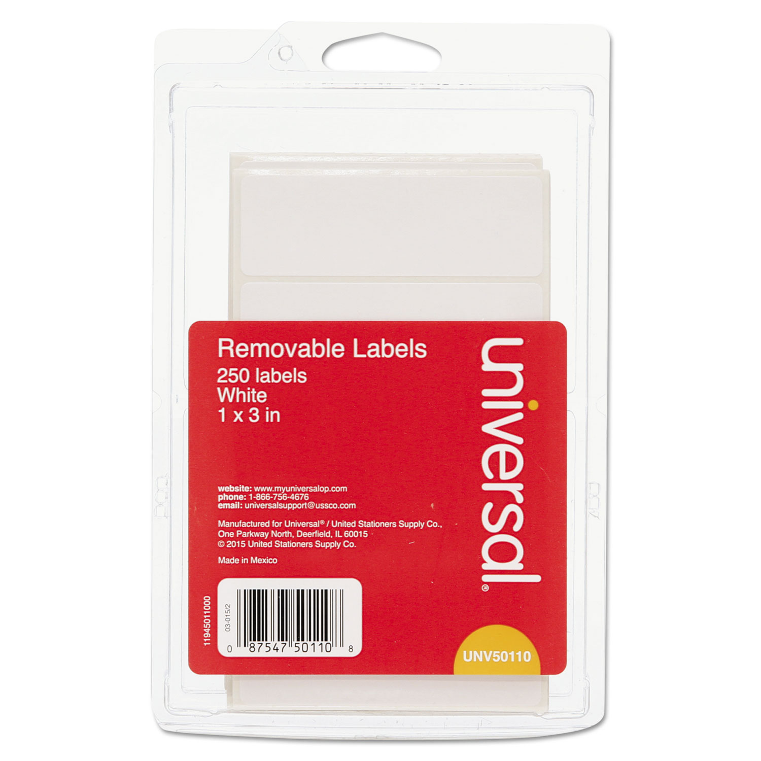  Universal UNV50110 Self-Adhesive Removable ID Labels, 1 x 3, White, 5/Sheet, 50 Sheets/Pack (UNV50110) 