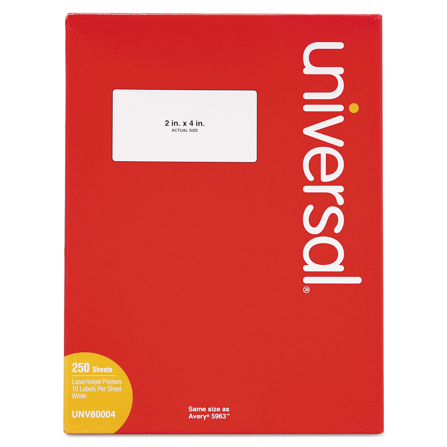  Universal UNV80004 White Labels, Inkjet/Laser Printers, 2 x 4, White, 10/Sheet, 250 Sheets/Box (UNV80004) 