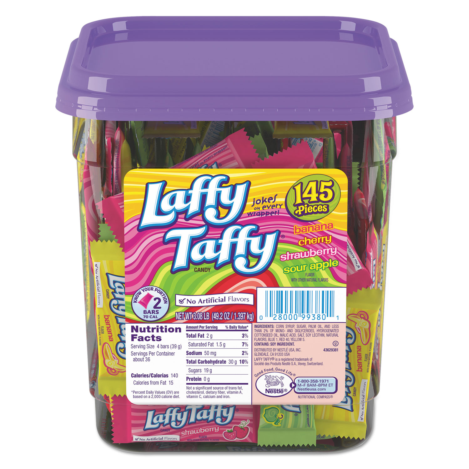 Wonka Assorted Flavor Laffy Taffy, 3.08lb, 145 Wrapped Pieces/Tub
