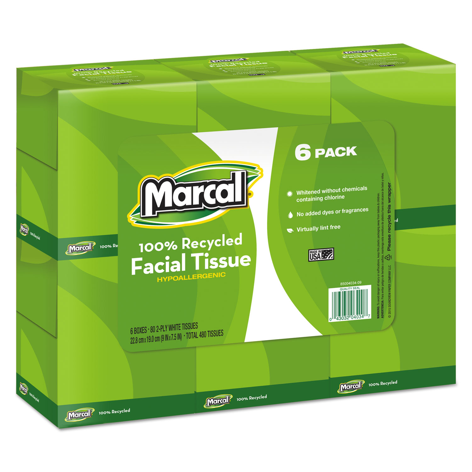 100% Recycled Convenience Pack Facial Tissue, WH, 6 Boxes of 80/PK, 6 Packs/Ctn