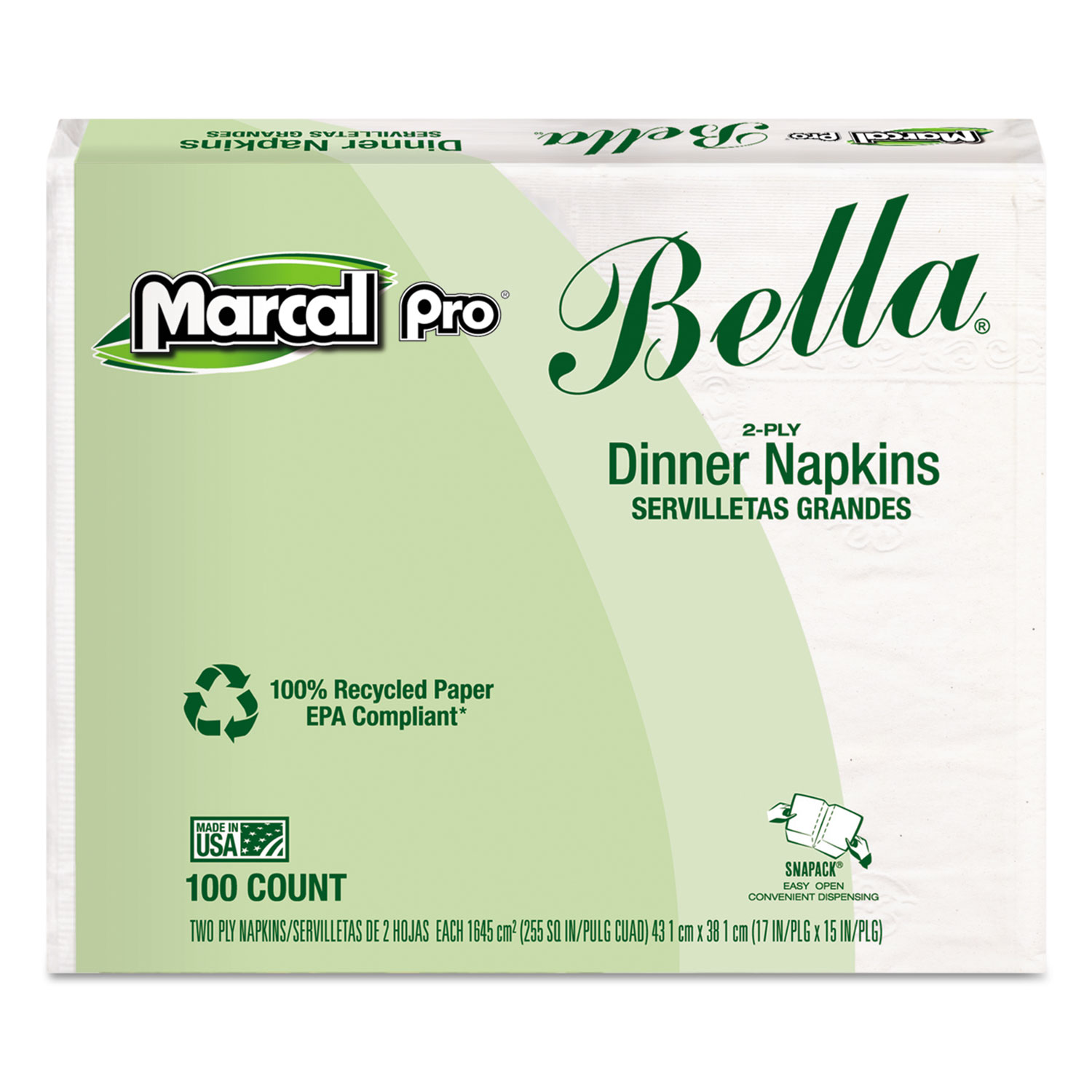  Marcal PRO 21 100% Premium Recycled Bella Dinner Napkins, 15 x 17, White, 3000/Carton (MRC06410) 