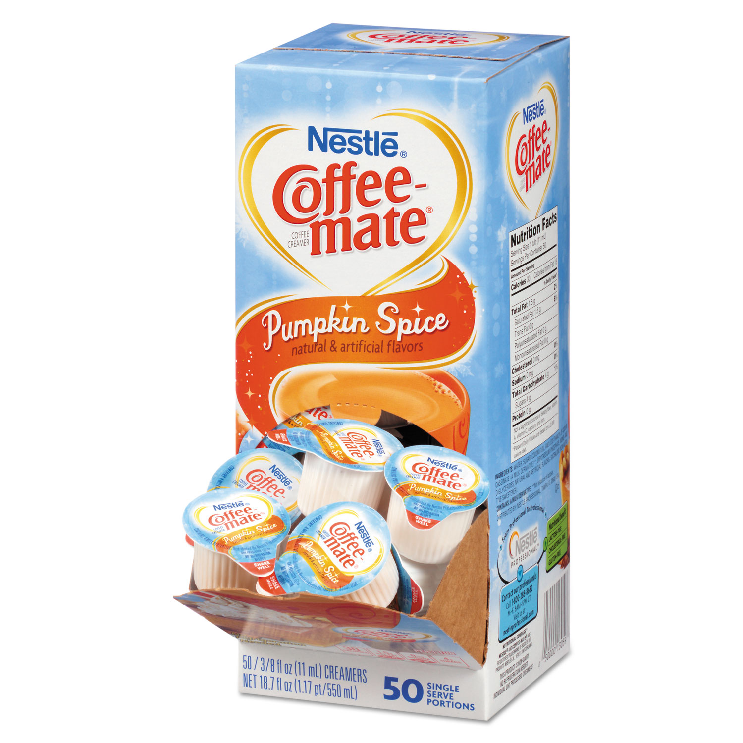 Liquid Coffee Creamer, Pumpkin Spice, 0.375 oz Mini Cups, 50/Box, 4 Box/Carton