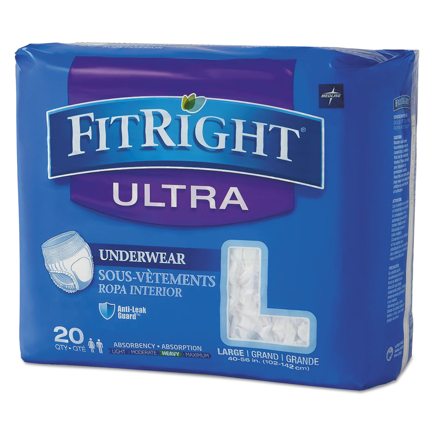  Medline FIT23505A FitRight Ultra Protective Underwear, Large, 40 to 56 Waist, 20/Pack (MIIFIT23505A) 