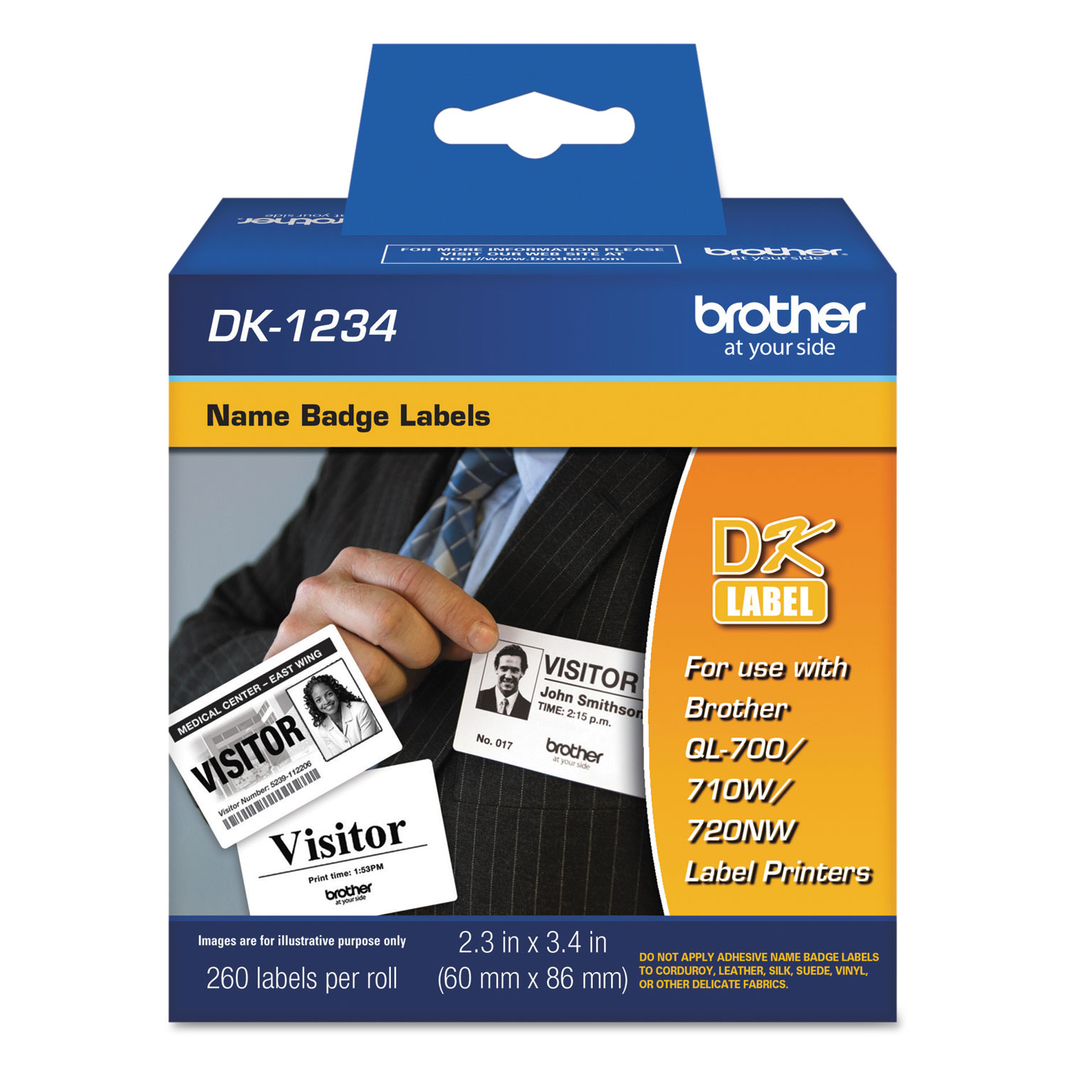  Brother DK1234 Die-Cut Name Badge Labels, 2.3 x 3.4, White, 260/Roll (BRTDK1234) 