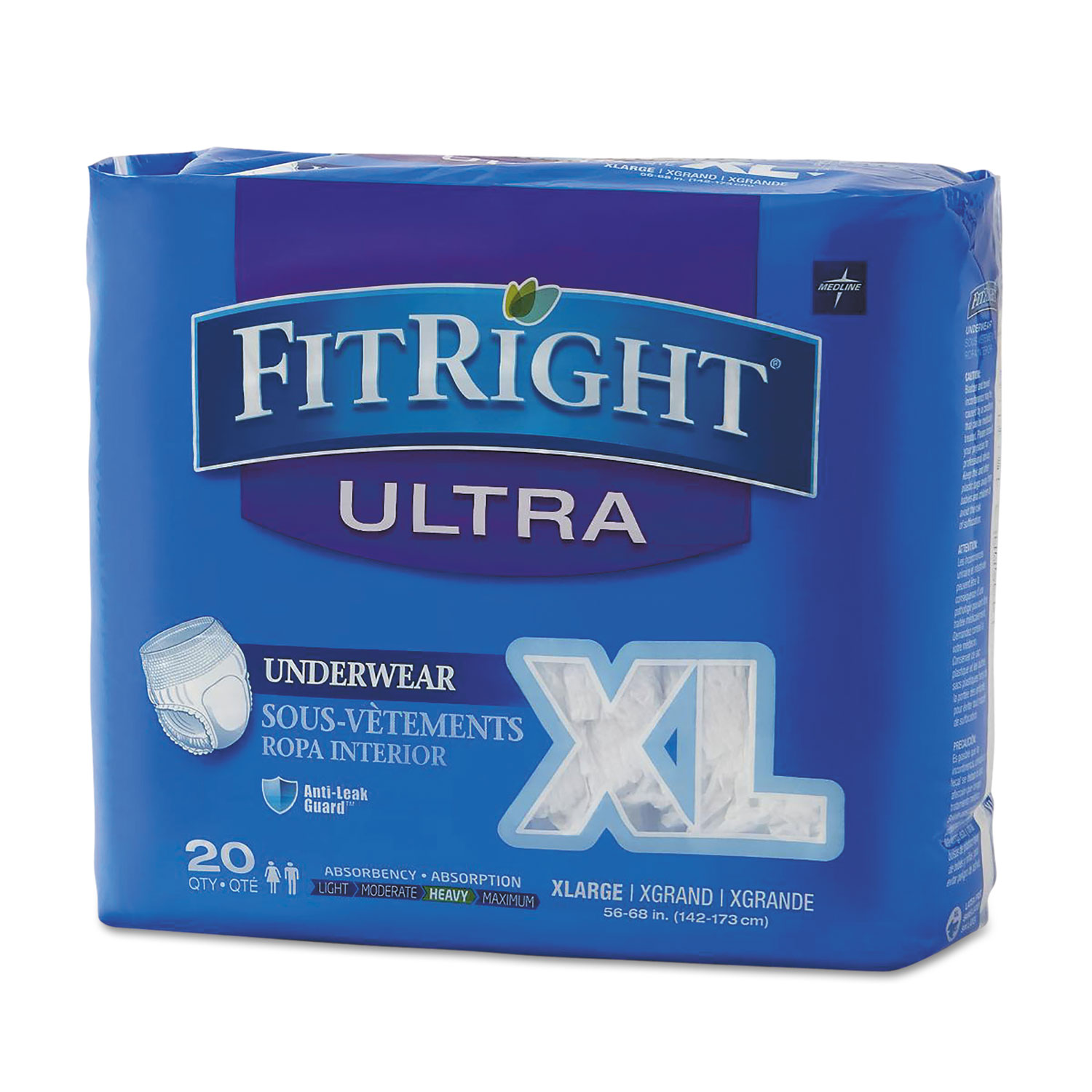  Medline FIT23600A FitRight Ultra Protective Underwear, X-Large, 56 to 68 Waist, 20/Pack (MIIFIT23600A) 