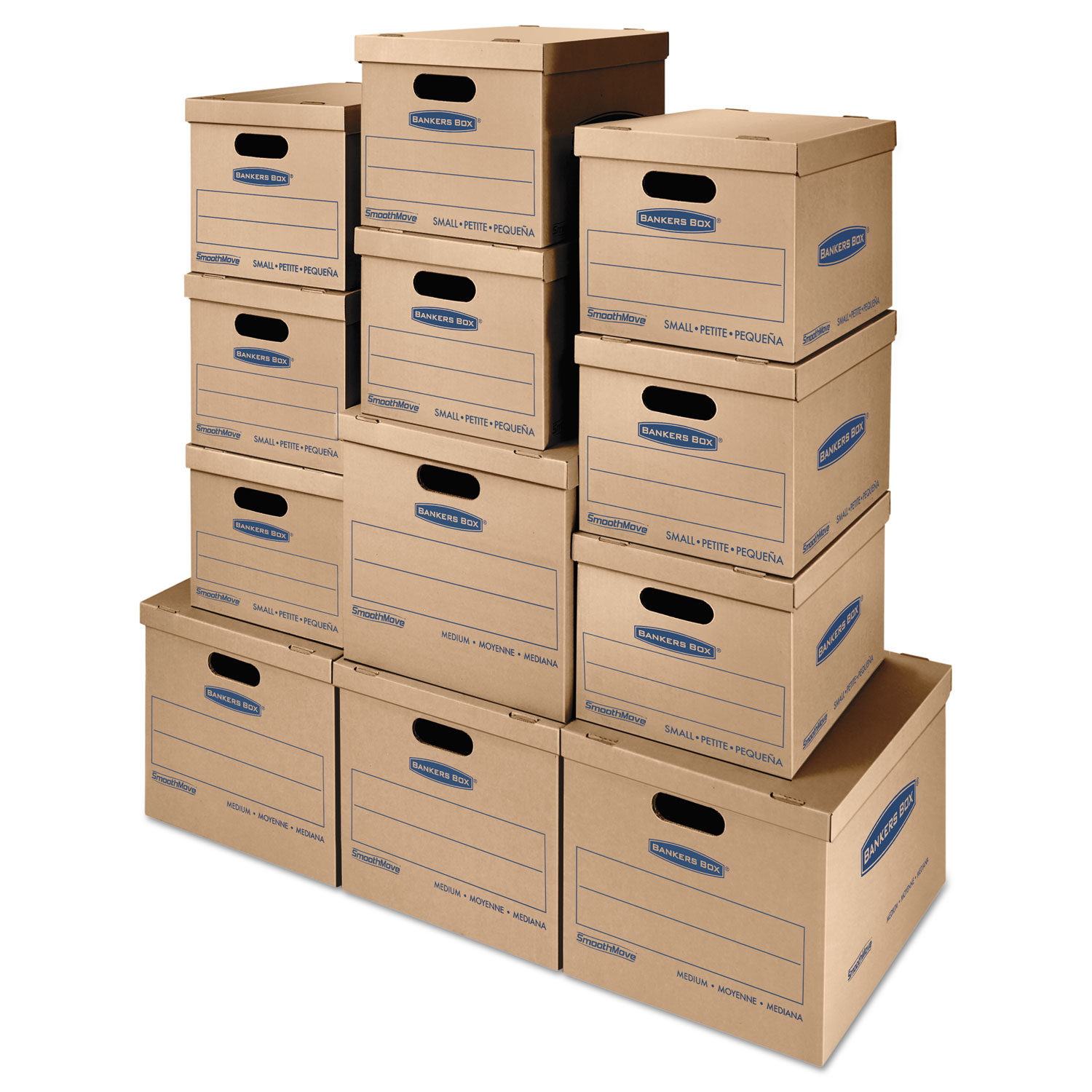 SmoothMove Classic Moving & Storage Boxes, Assorted Sizes, Half Slotted Container (HSC), Brown Kraft/Blue, 12/Carton