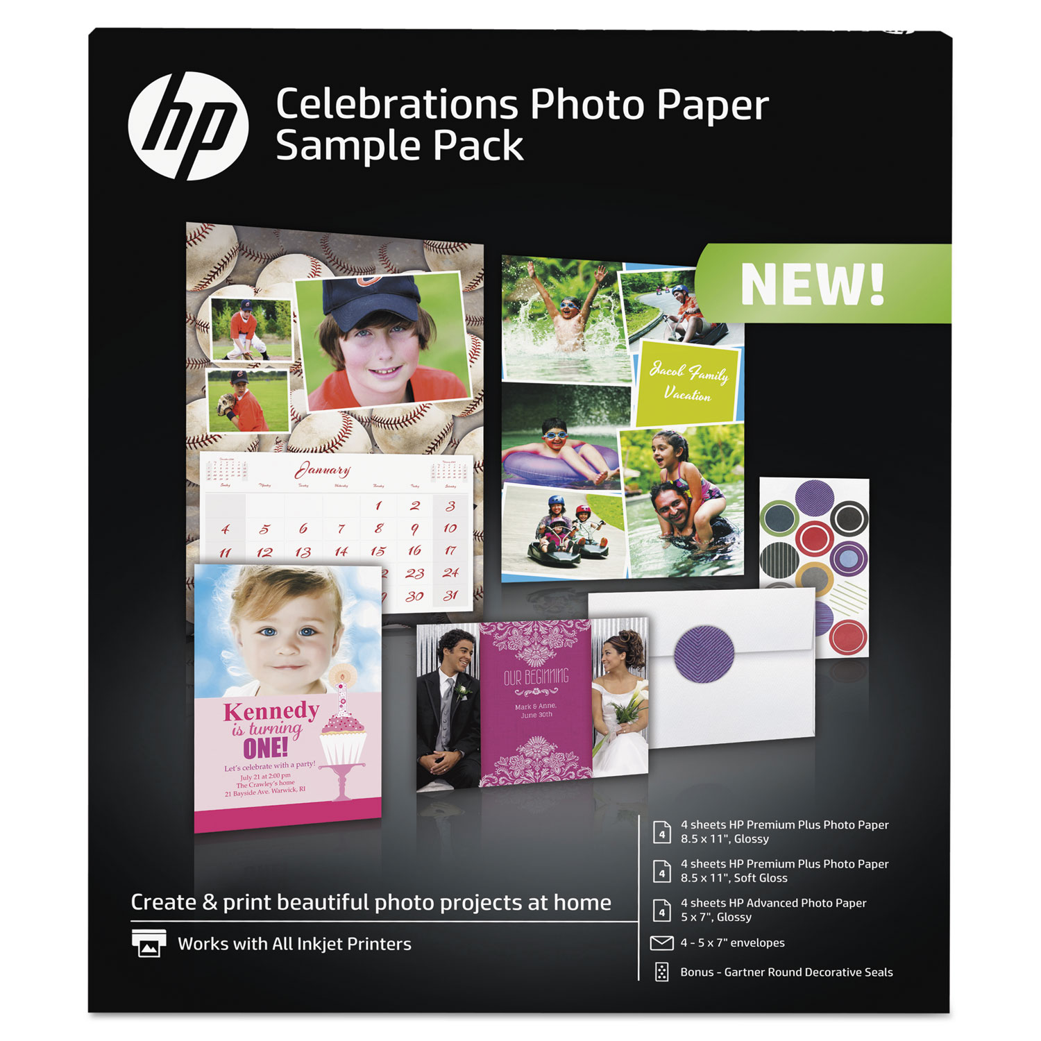 Celebration Photo Paper Sample Pack, Assorted Sizes, 11.5 mil, 12 Sheets/Pack