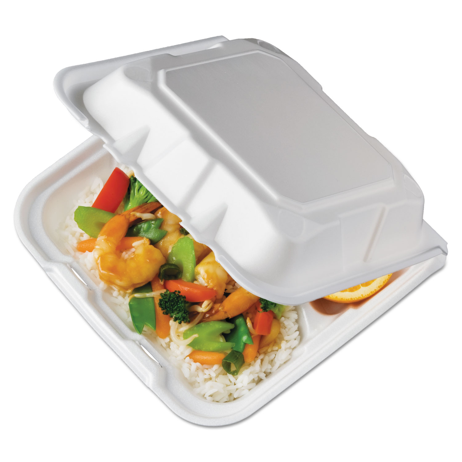  Pactiv YTD188030000 Foam Hinged Lid Containers, White, 8.44 x 8.13 x 3, 3-Compartment, 150/Carton (PCTYTD18803) 