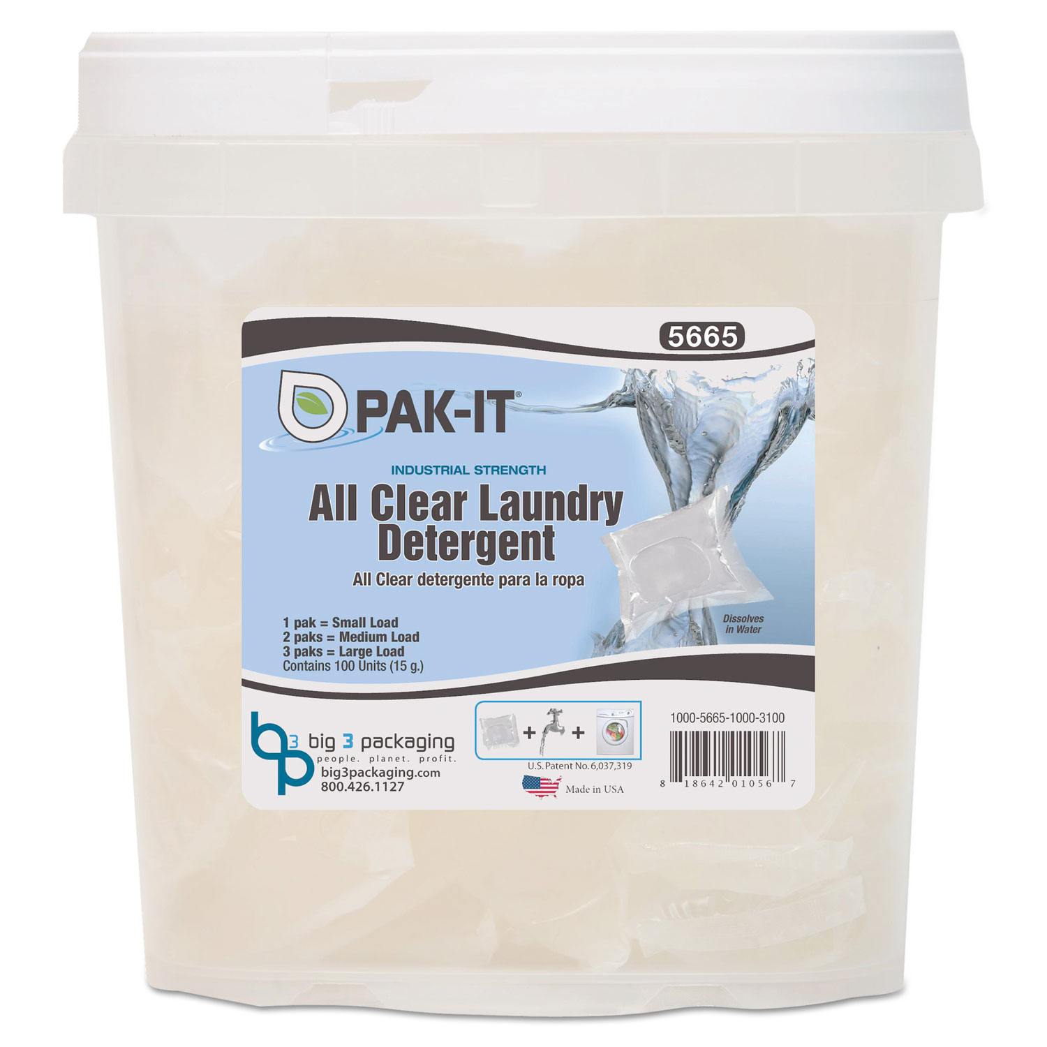 All Clear Laundry Detergent, Fragrance Free, 15 g Paks, 100/Tub