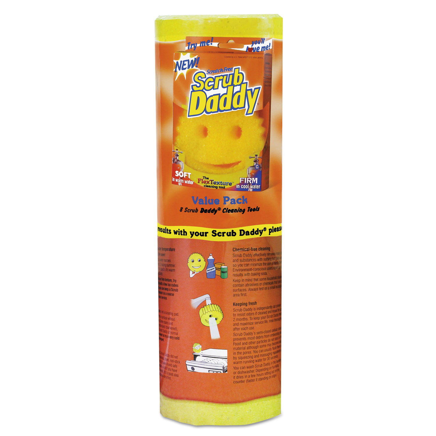 Scratch-Free Scrubbing Sponge, 4 1/8 Diameter, Yellow, Polymer Foam, 8/Pack