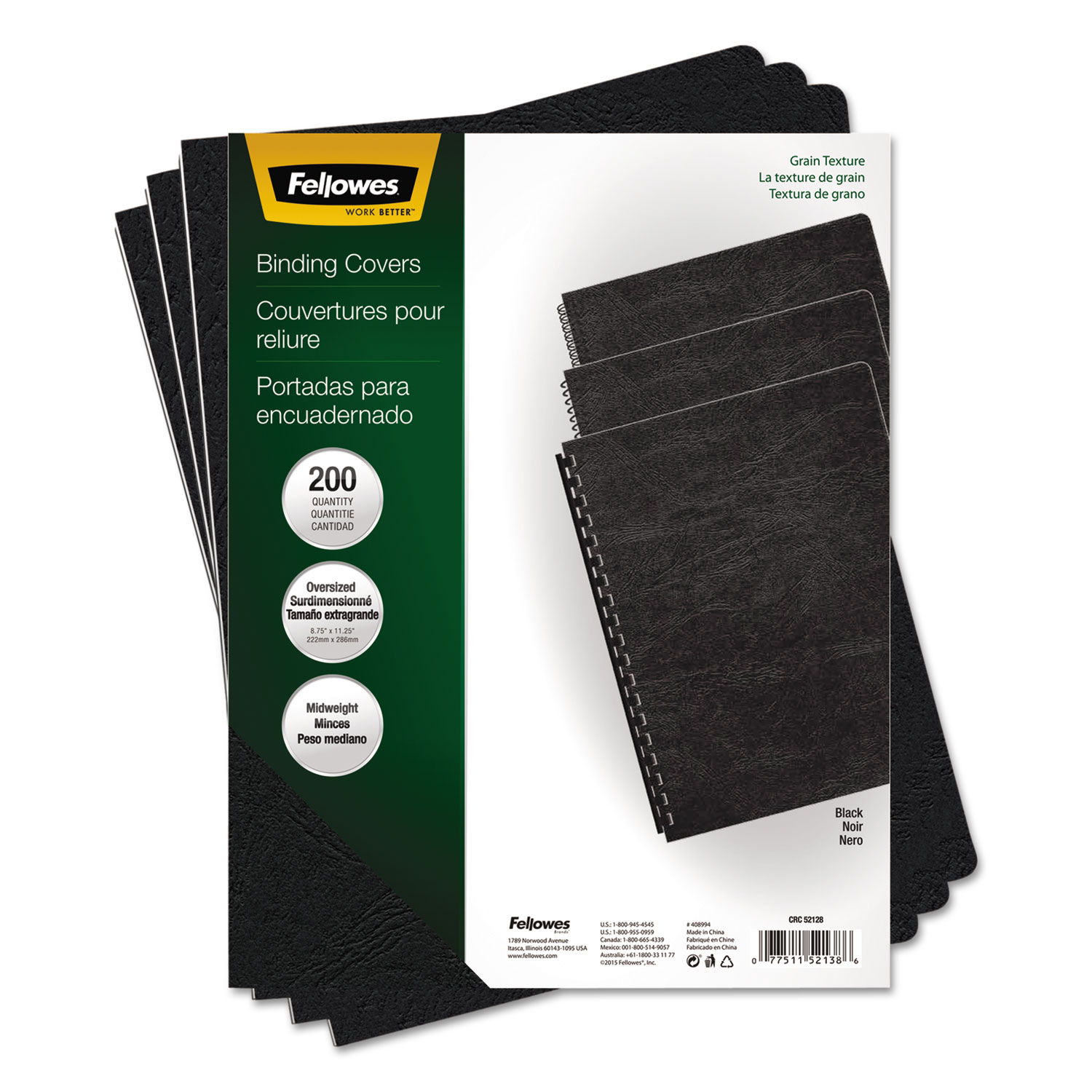  Fellowes 52138 Classic Grain Texture Binding System Covers, 11-1/4 x 8-3/4, Black, 200/Pack (FEL52138) 