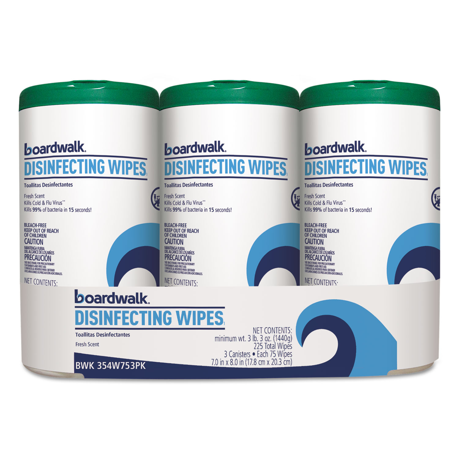  Boardwalk BWK454W753PK Disinfecting Wipes, 8 x 7, Fresh Scent, 75/Canister, 3 Canisters/Pack (BWK454W753PK) 