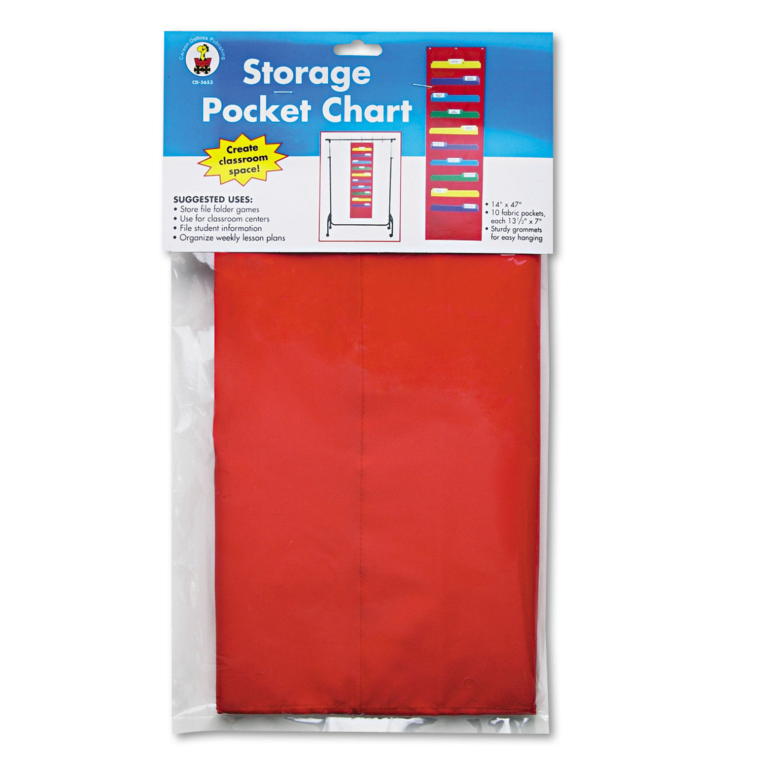 Storage Pocket Chart with 10 13 1/2 x 7 Pockets, Hanger Grommets, 14 x 47