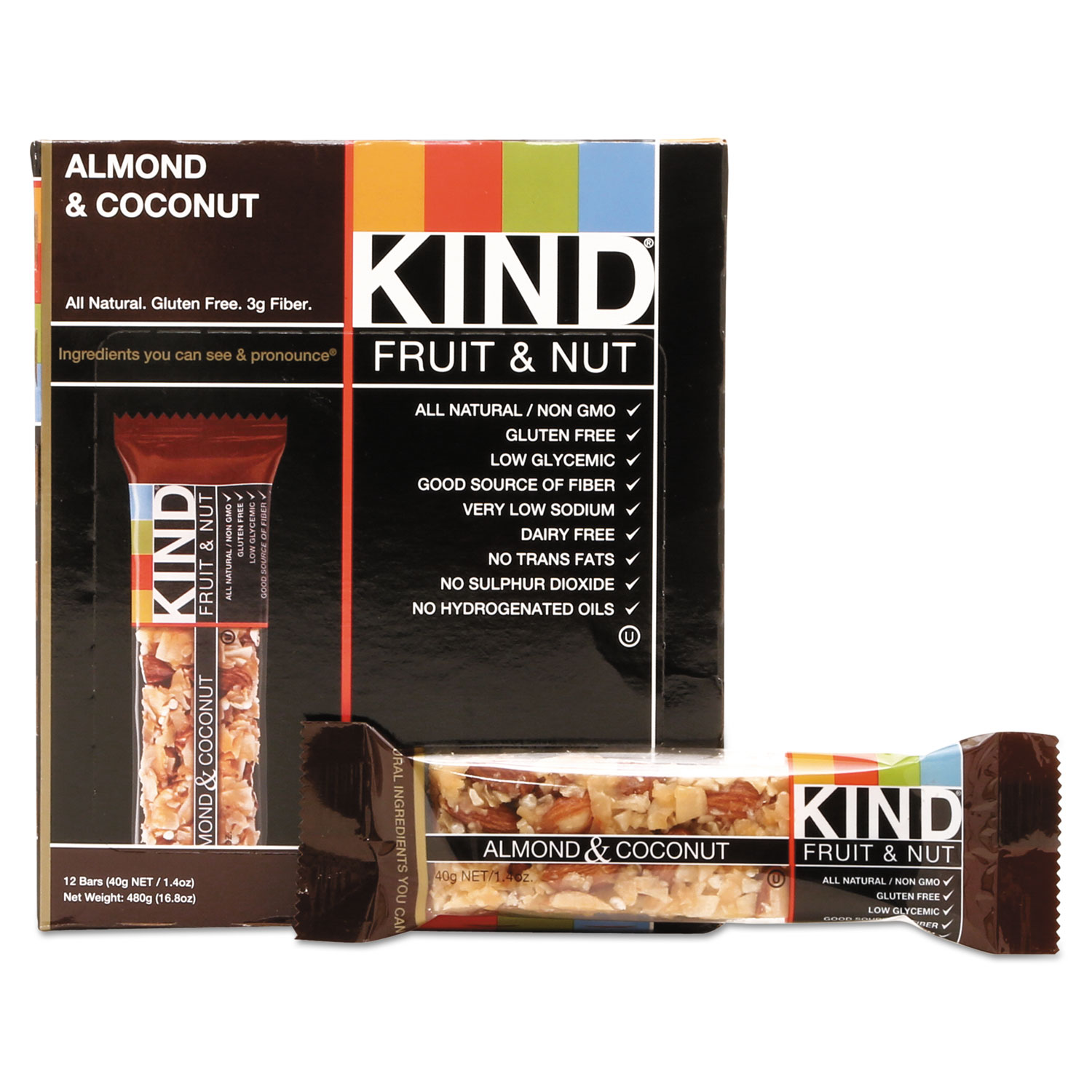  KIND 17828 Fruit and Nut Bars, Almond and Coconut, 1.4 oz, 12/Box (KND17828) 