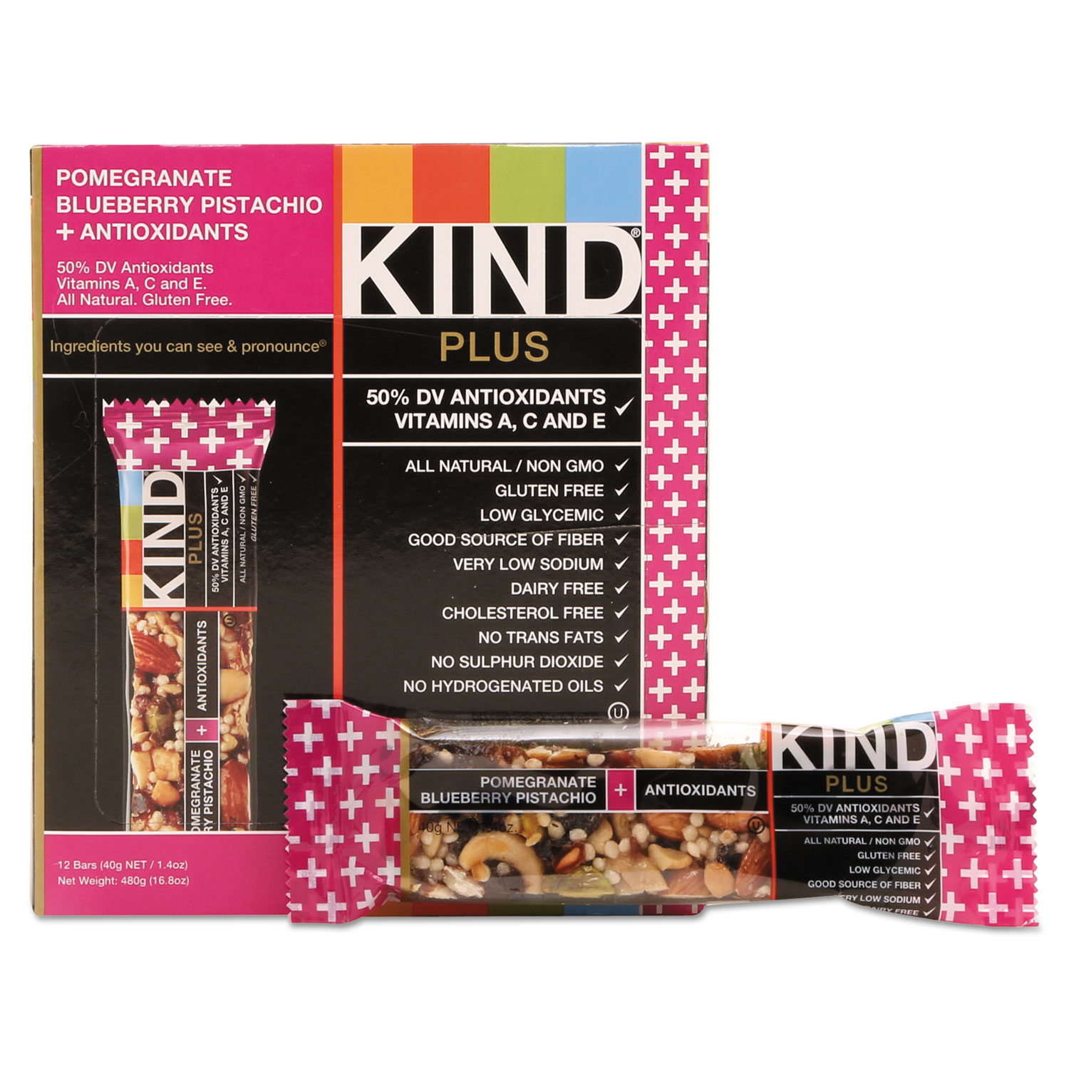  KIND 17221 Plus Nutrition Boost Bar, Pom. Blueberry Pistachio/Antioxidants, 1.4 oz, 12/Box (KND17221) 
