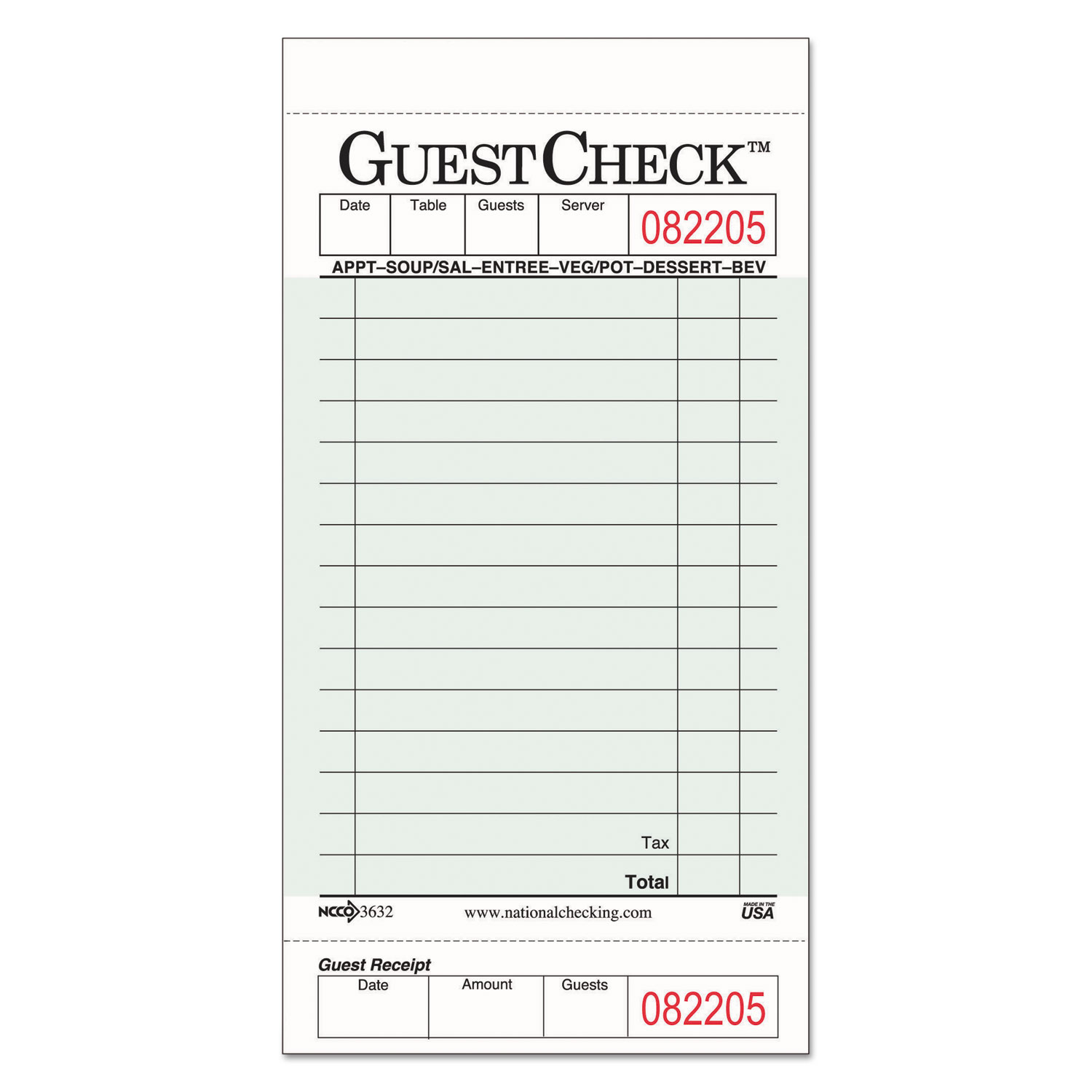 Guest Check Pad with Customer Receipt Stub, 3 1/2 x 6 3/4, 50 Checks/Pad