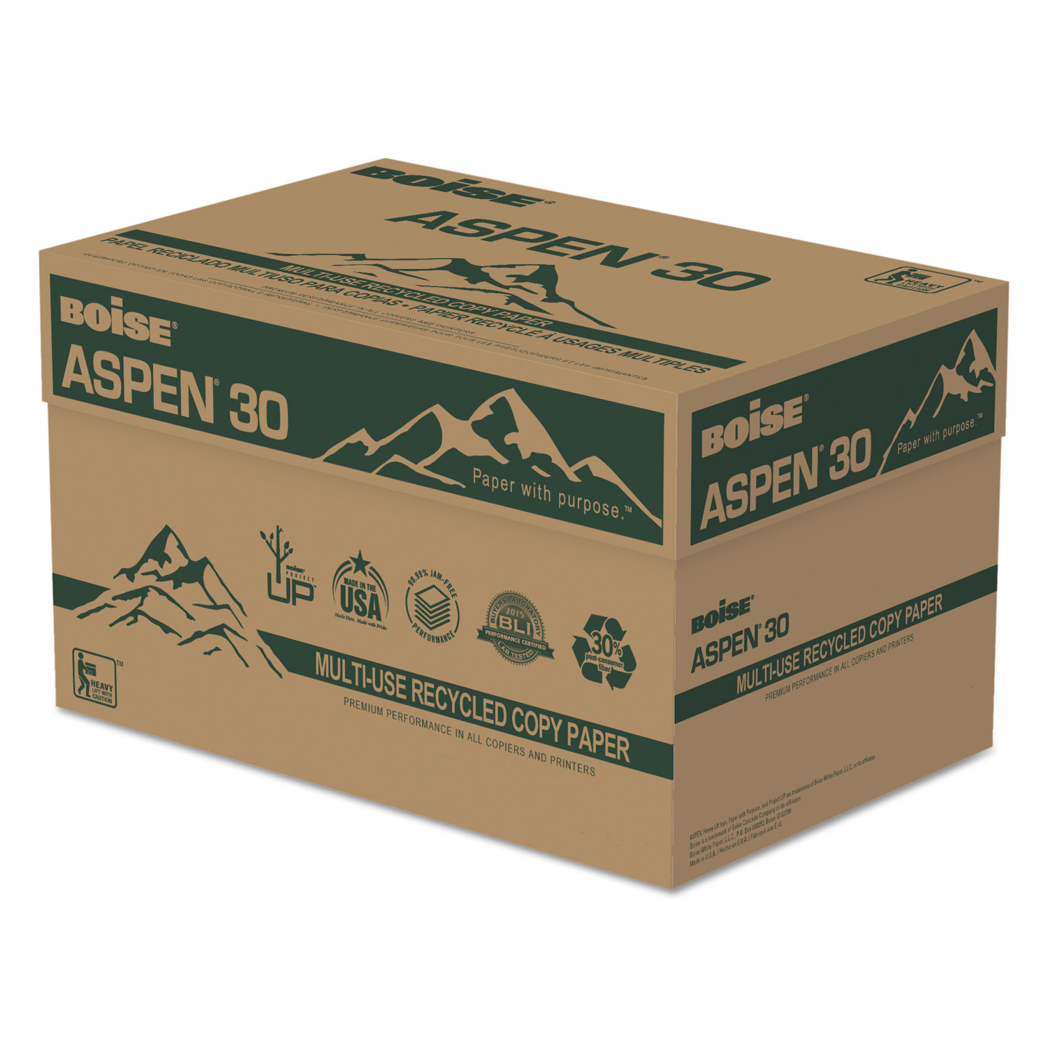 ASPEN 30 Multi-Use Recycled Paper, 92 Bright, 3-Hole, 20lb, 8.5 x 11, White, 500 Sheets/Ream, 10 Reams/Carton
