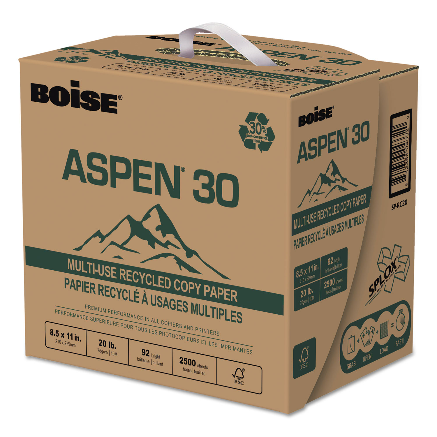 ASPEN 30 SPLOX Multi-Use Paper, 92 Bright, 20lb, 8.5 x 11, White, 500 Sheets/Ream, 5 Reams/Carton