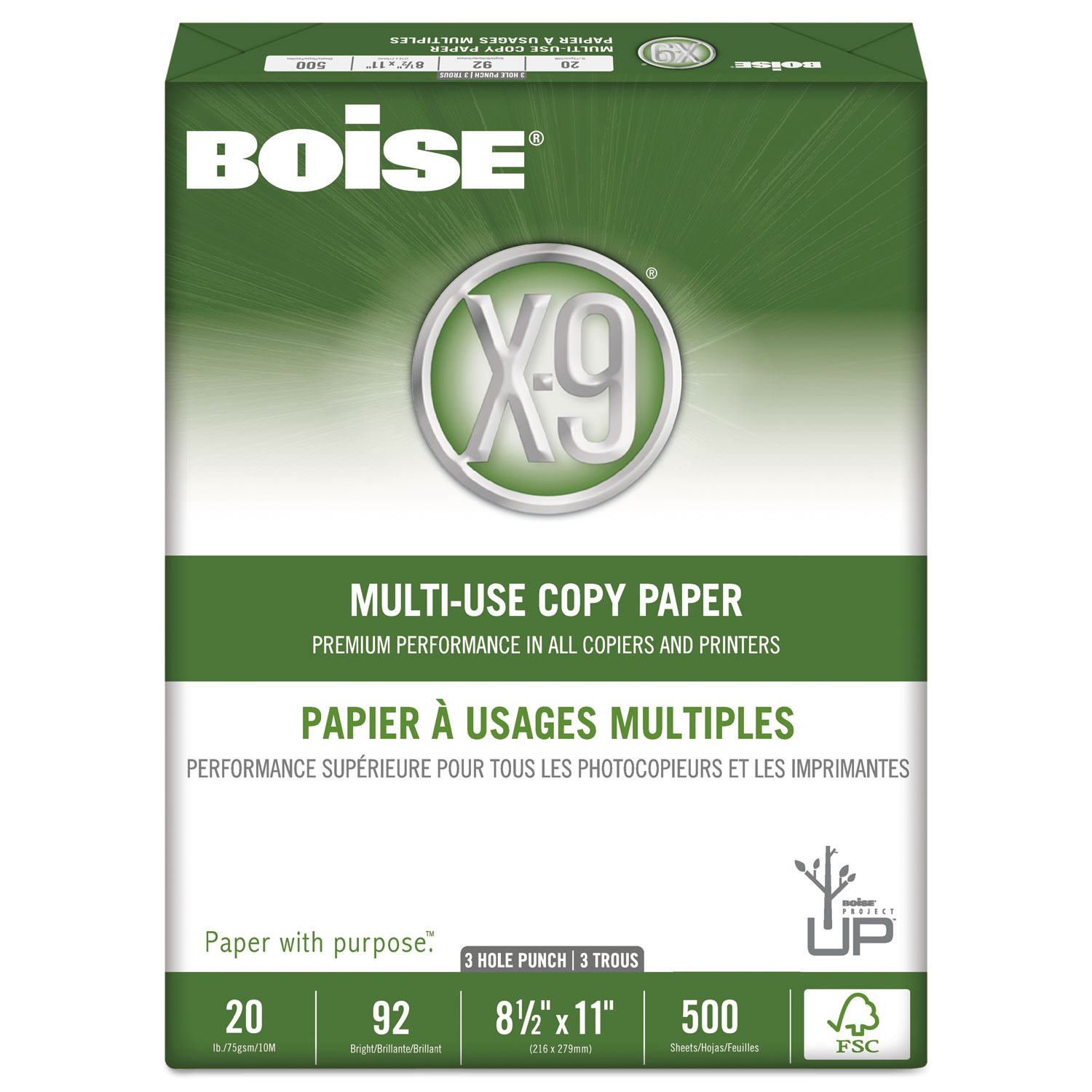 X-9 Multi-Use Copy Paper, 92 Bright, 3-Hole, 20lb, 8.5 x 11, White, 500 Sheets/Ream, 10 Reams/Carton