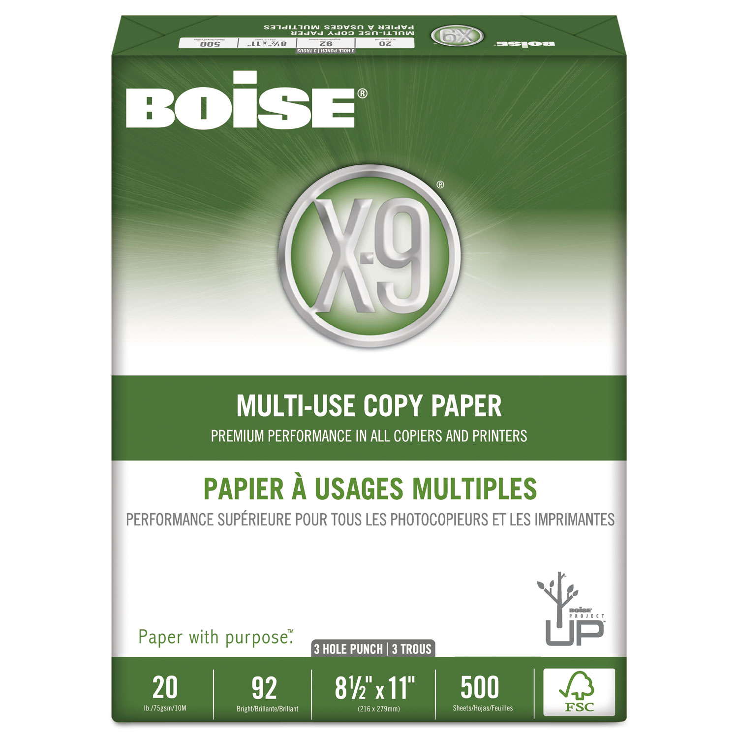 Copy Paper, 92 Bright, 3-Hole, 20 lb Bond Weight, 8.5 x 11, White