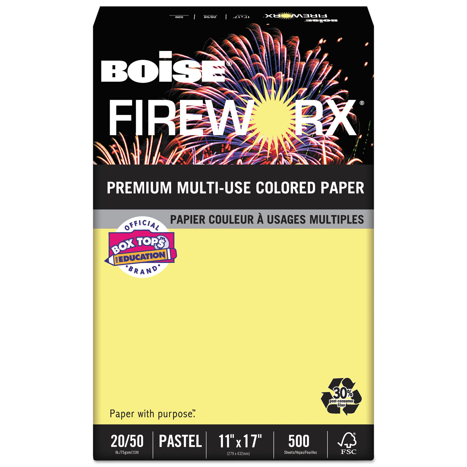  Boise MP2207CY FIREWORX Premium Multi-Use Paper, 20lb, 11 x 17, Crackling Canary, 500/Ream (CASMP2207CY) 